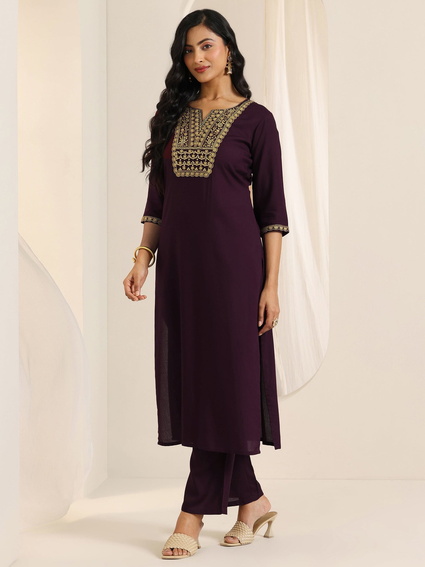 Wine Yoke Design Viscose Rayon Straight Suit Set With Dupatta