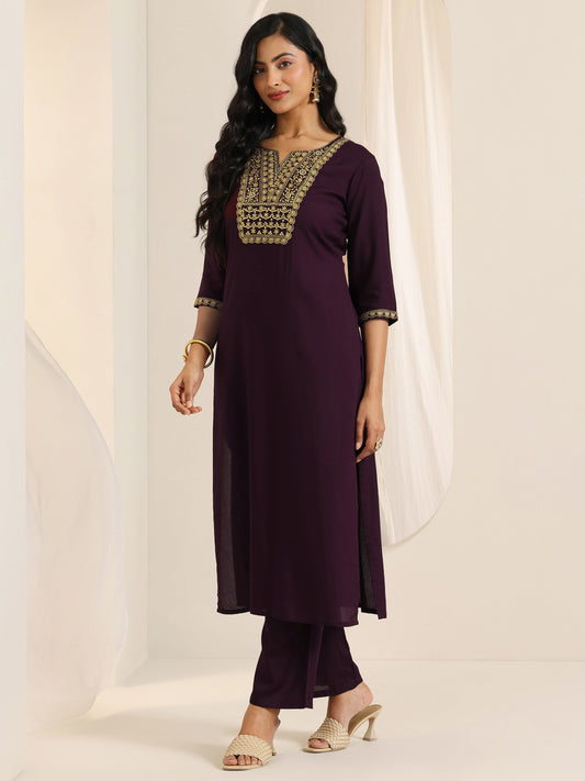 Wine Yoke Design Viscose Rayon Straight Suit Set With Dupatta