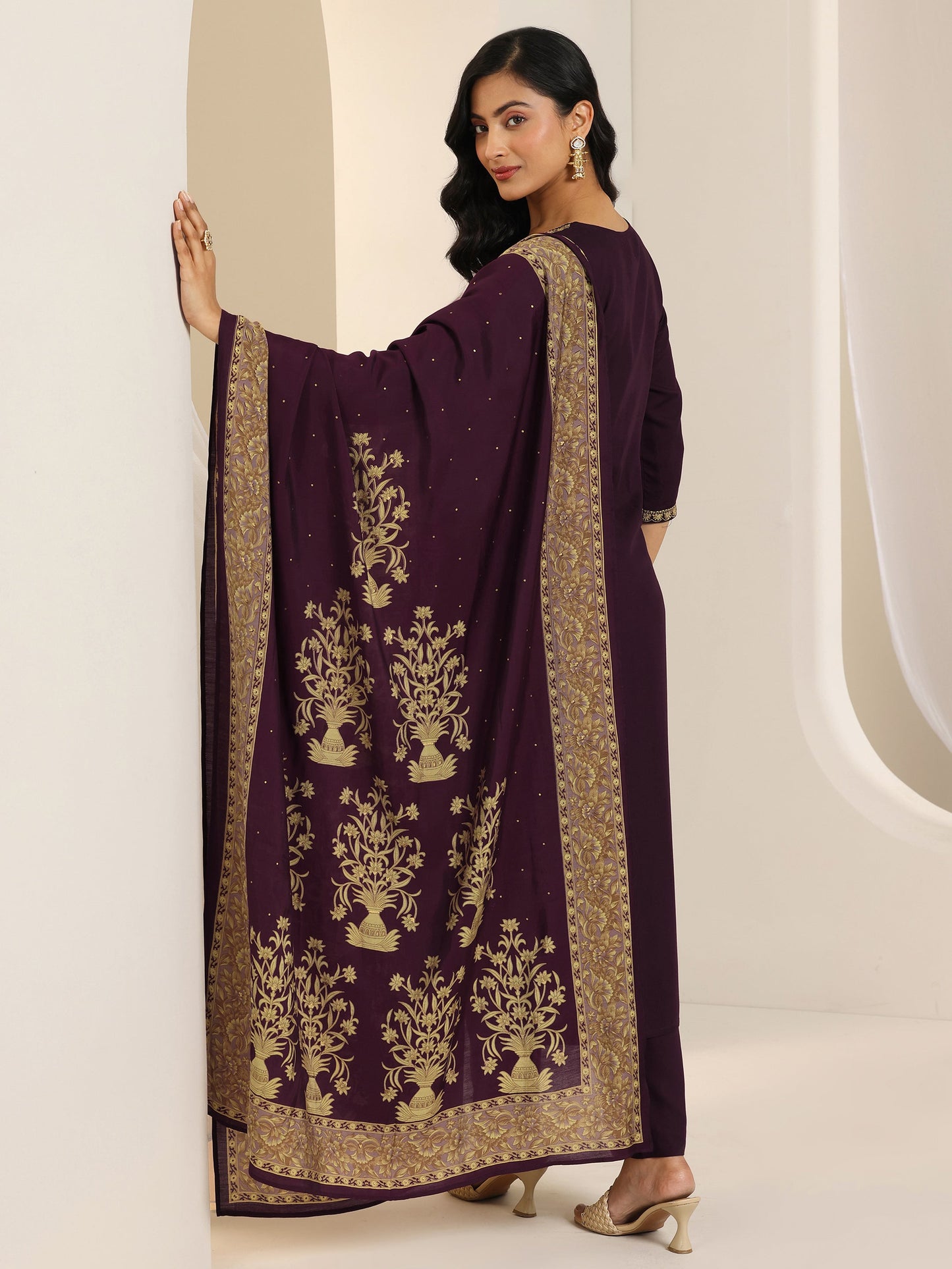 Wine Yoke Design Viscose Rayon Straight Suit Set With Dupatta