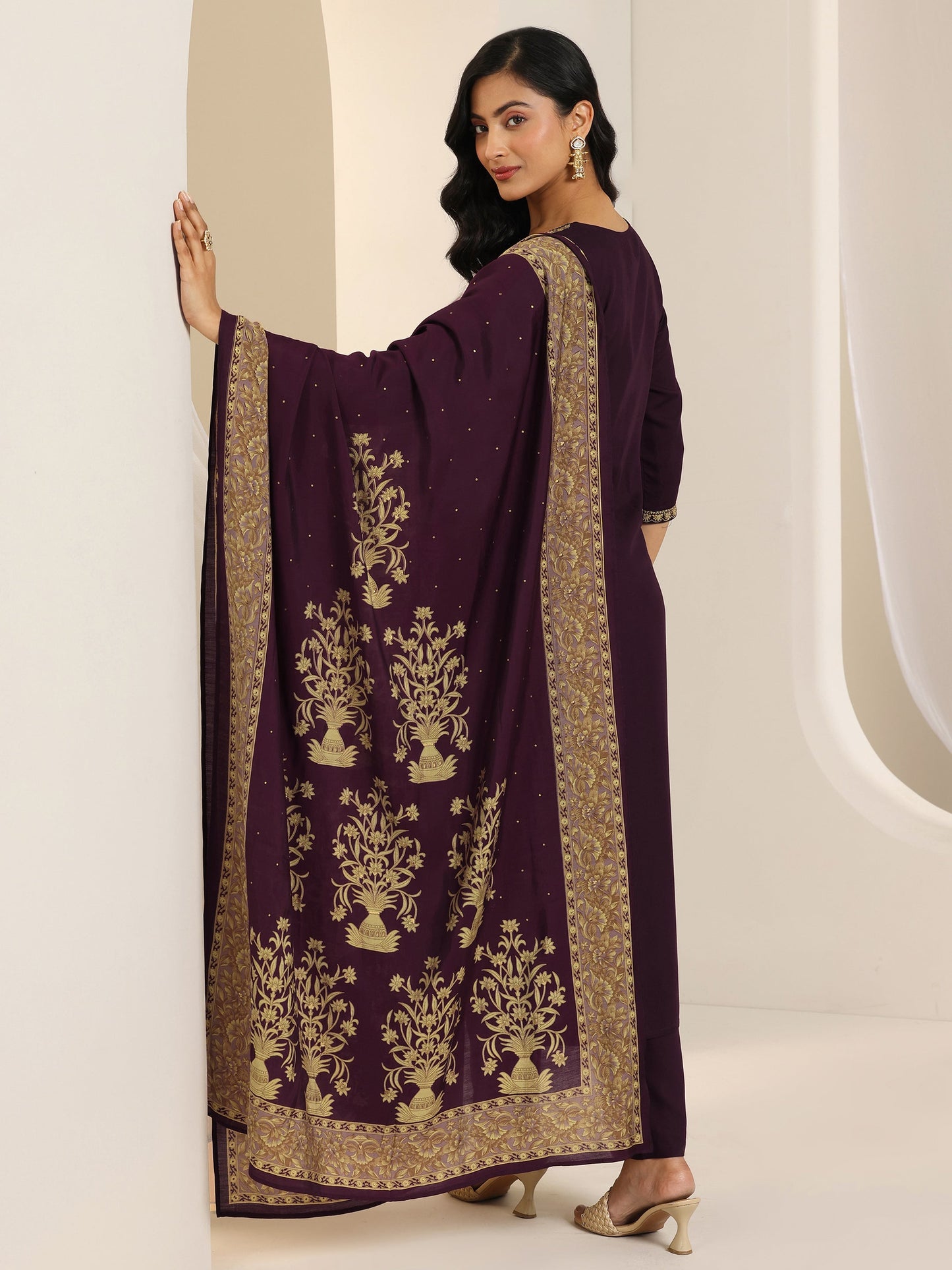 Wine Yoke Design Viscose Rayon Straight Suit Set With Dupatta