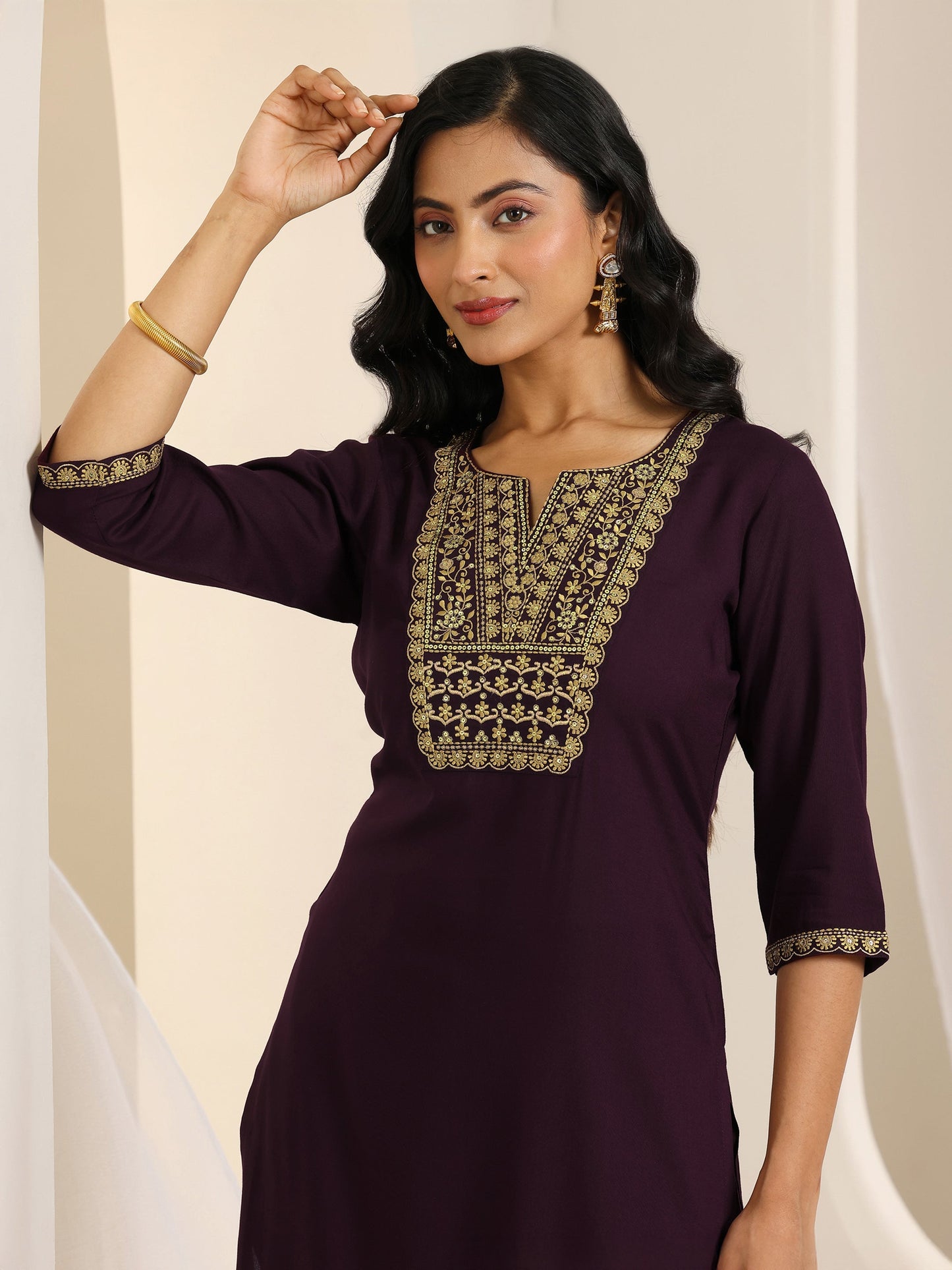 Wine Yoke Design Viscose Rayon Straight Suit Set With Dupatta