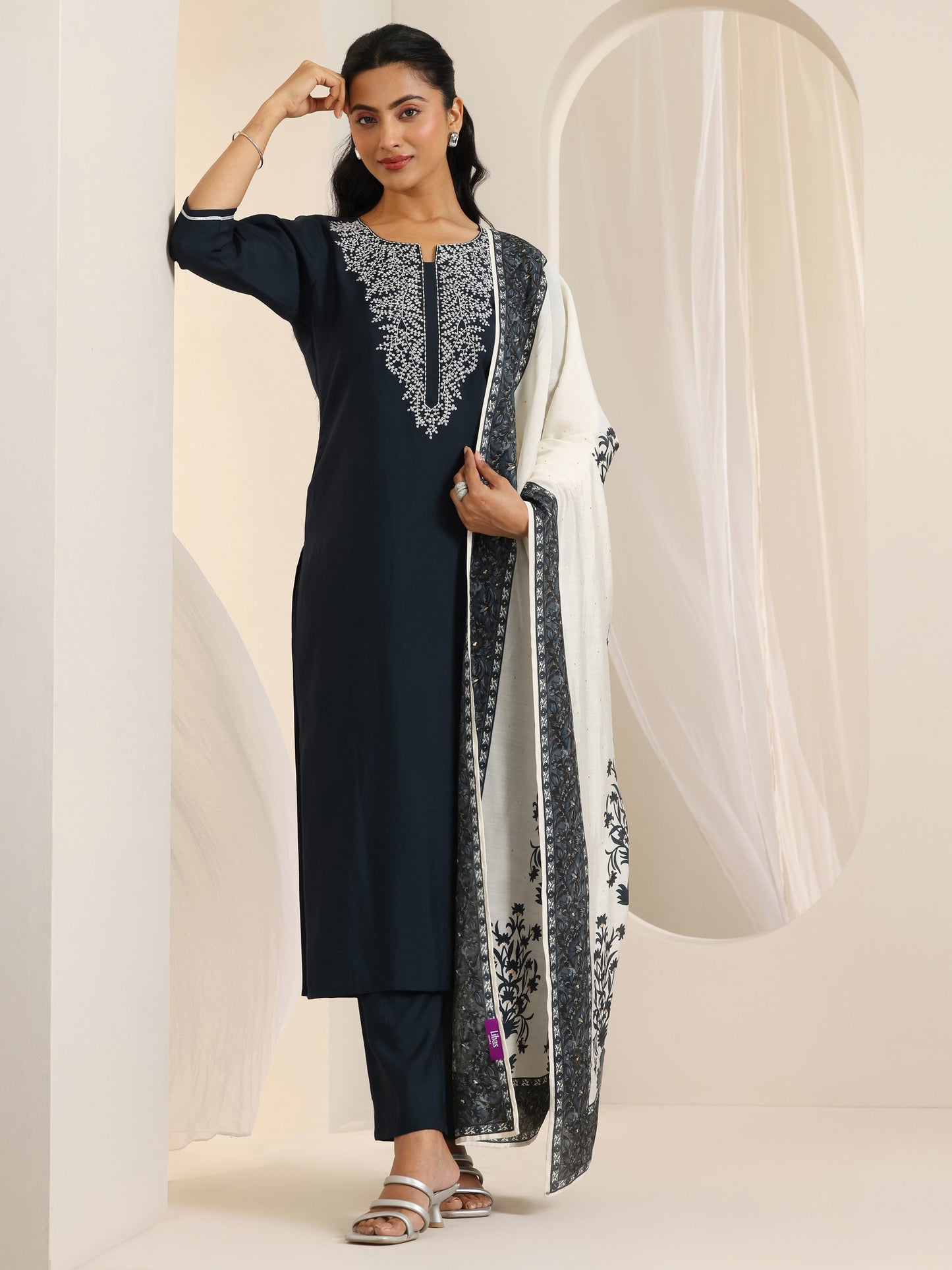 Dark Grey Yoke Design Viscose Rayon Straight Suit Set With Dupatta