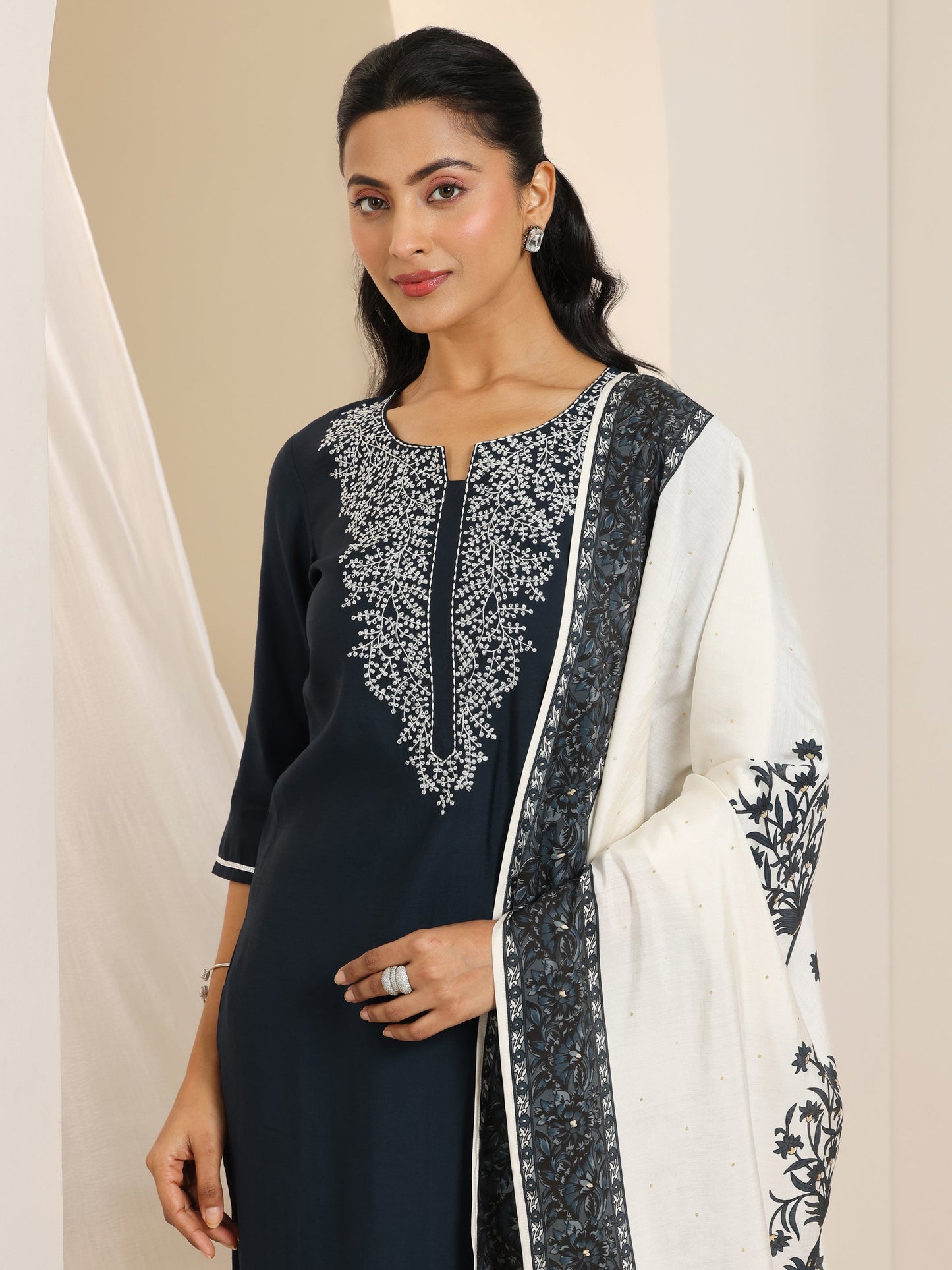 Dark Grey Yoke Design Viscose Rayon Straight Suit Set With Dupatta