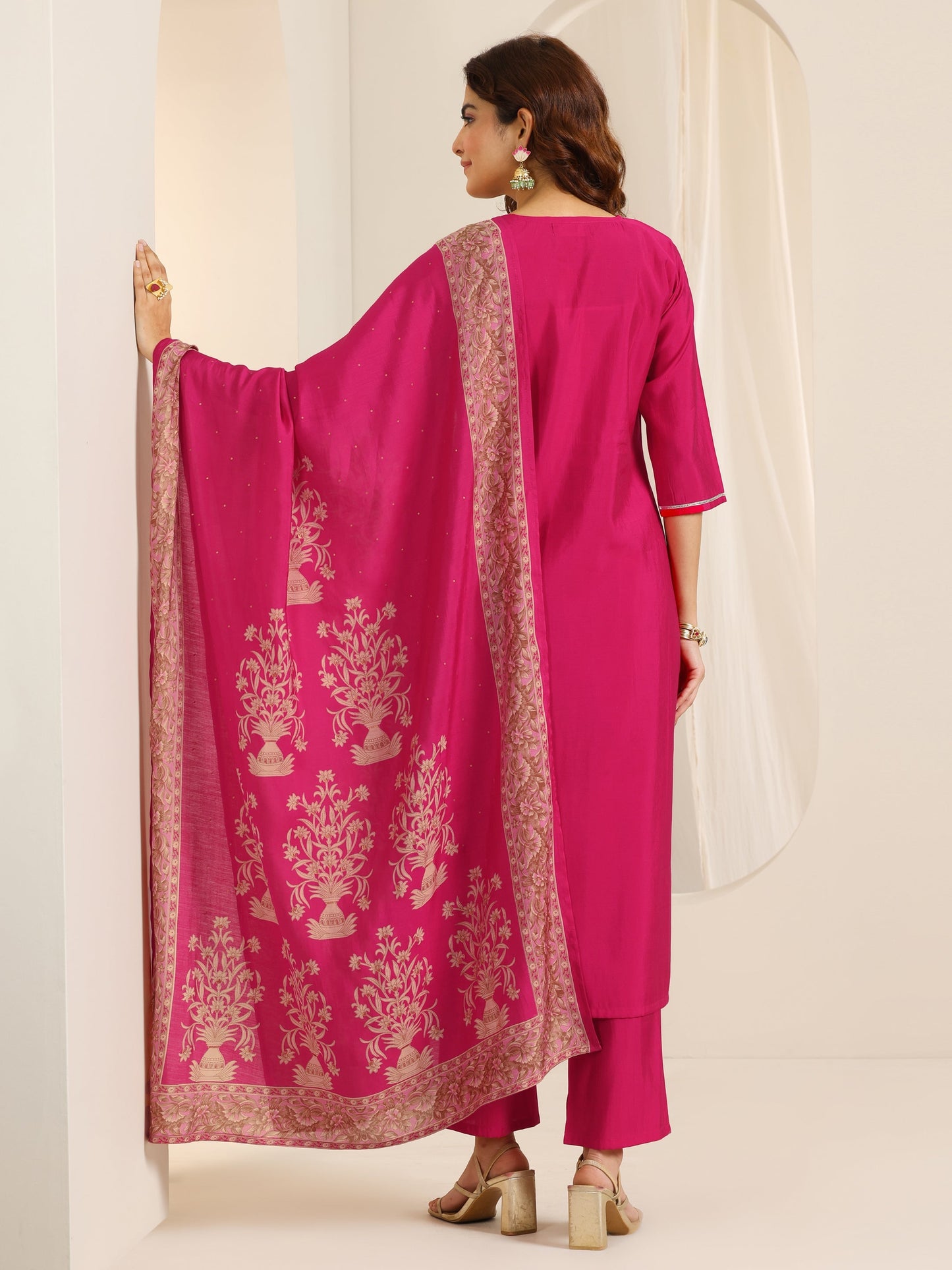 Pink Yoke Design Viscose Rayon Straight Suit Set With Dupatta