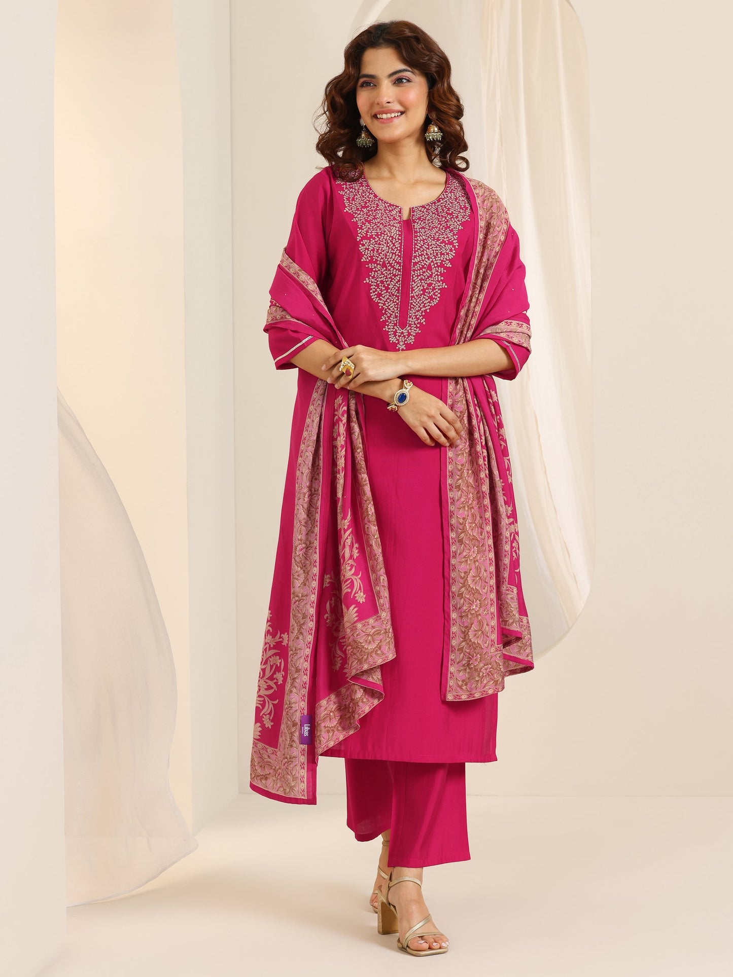 Pink Yoke Design Viscose Rayon Straight Suit Set With Dupatta