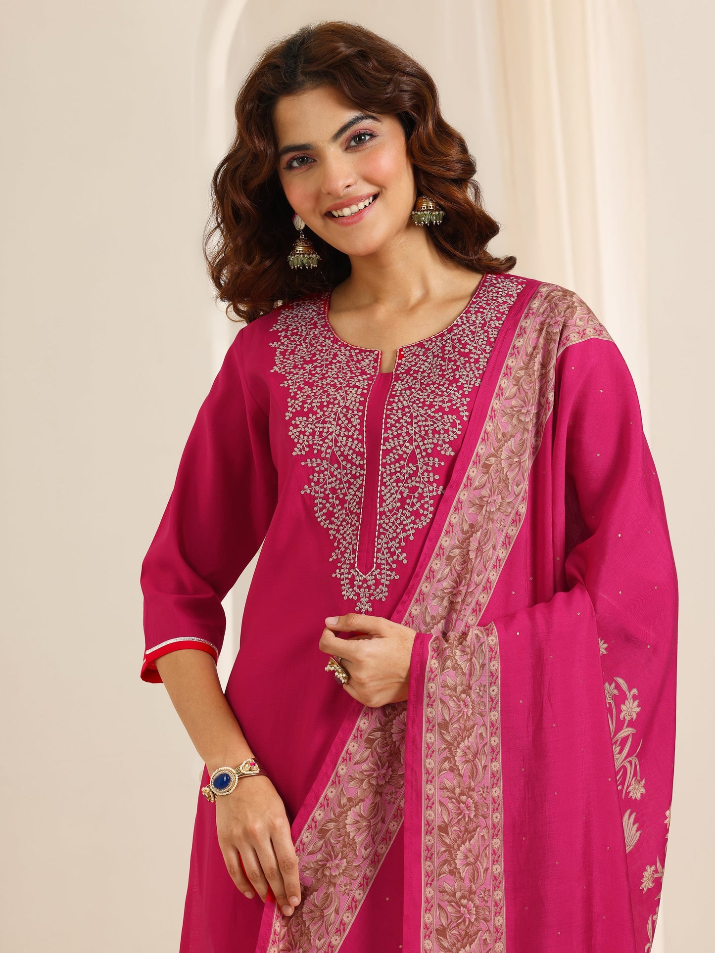 Pink Yoke Design Viscose Rayon Straight Suit Set With Dupatta