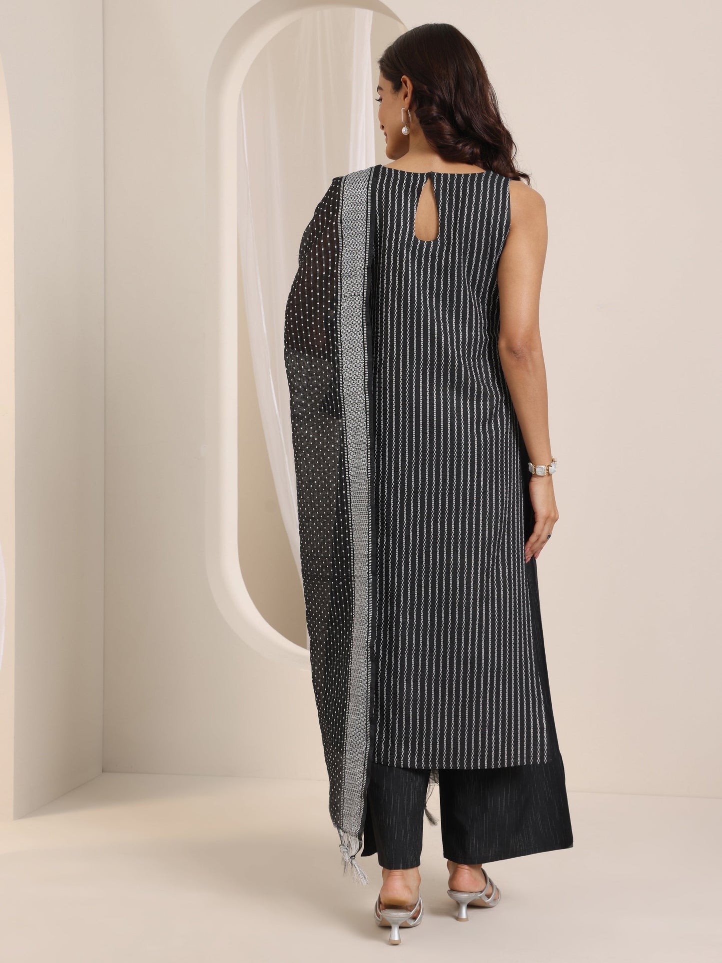 Black Woven Design Cotton Blend Straight Suit Set With Dupatta