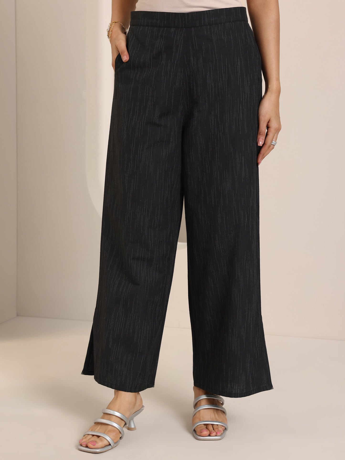 Black Woven Design Cotton Blend Straight Suit Set With Dupatta