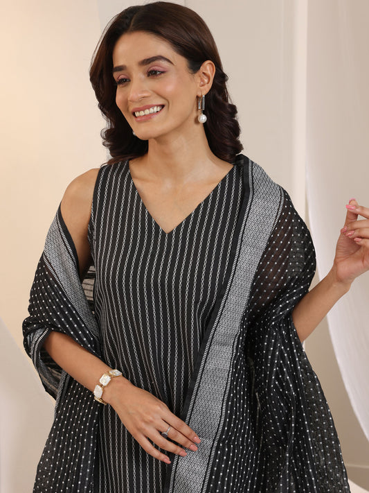 Black Woven Design Cotton Blend Straight Suit Set With Dupatta