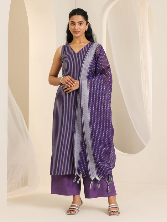 Purple Woven Design Cotton Blend Straight Suit Set With Dupatta