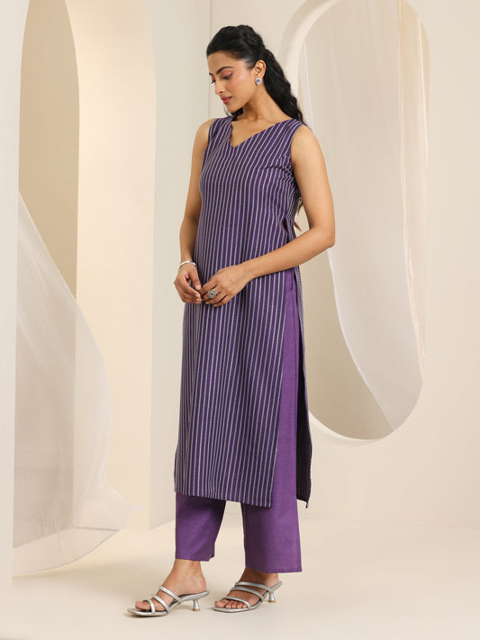Purple Woven Design Cotton Blend Straight Suit Set With Dupatta