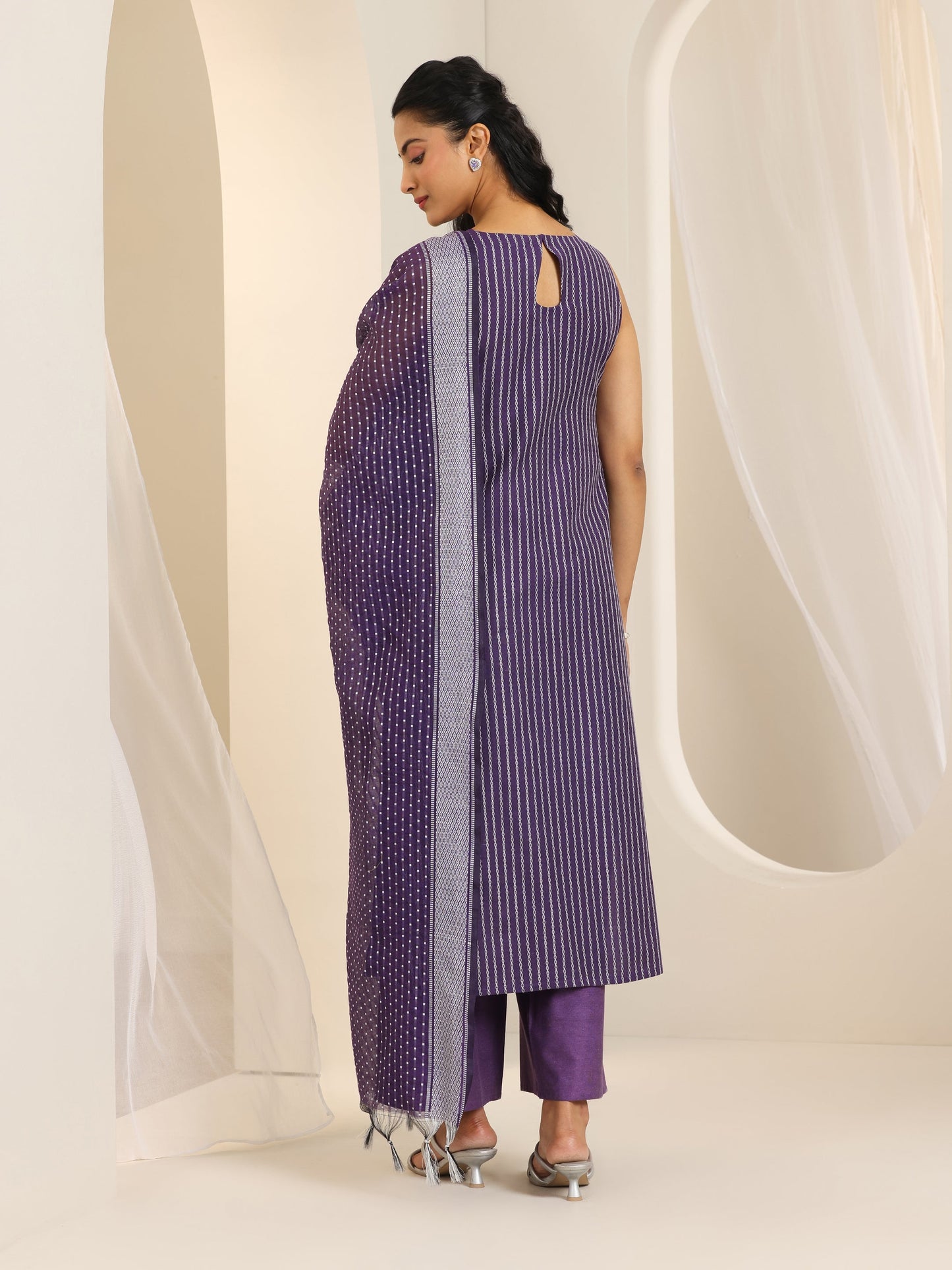 Purple Woven Design Cotton Blend Straight Suit Set With Dupatta