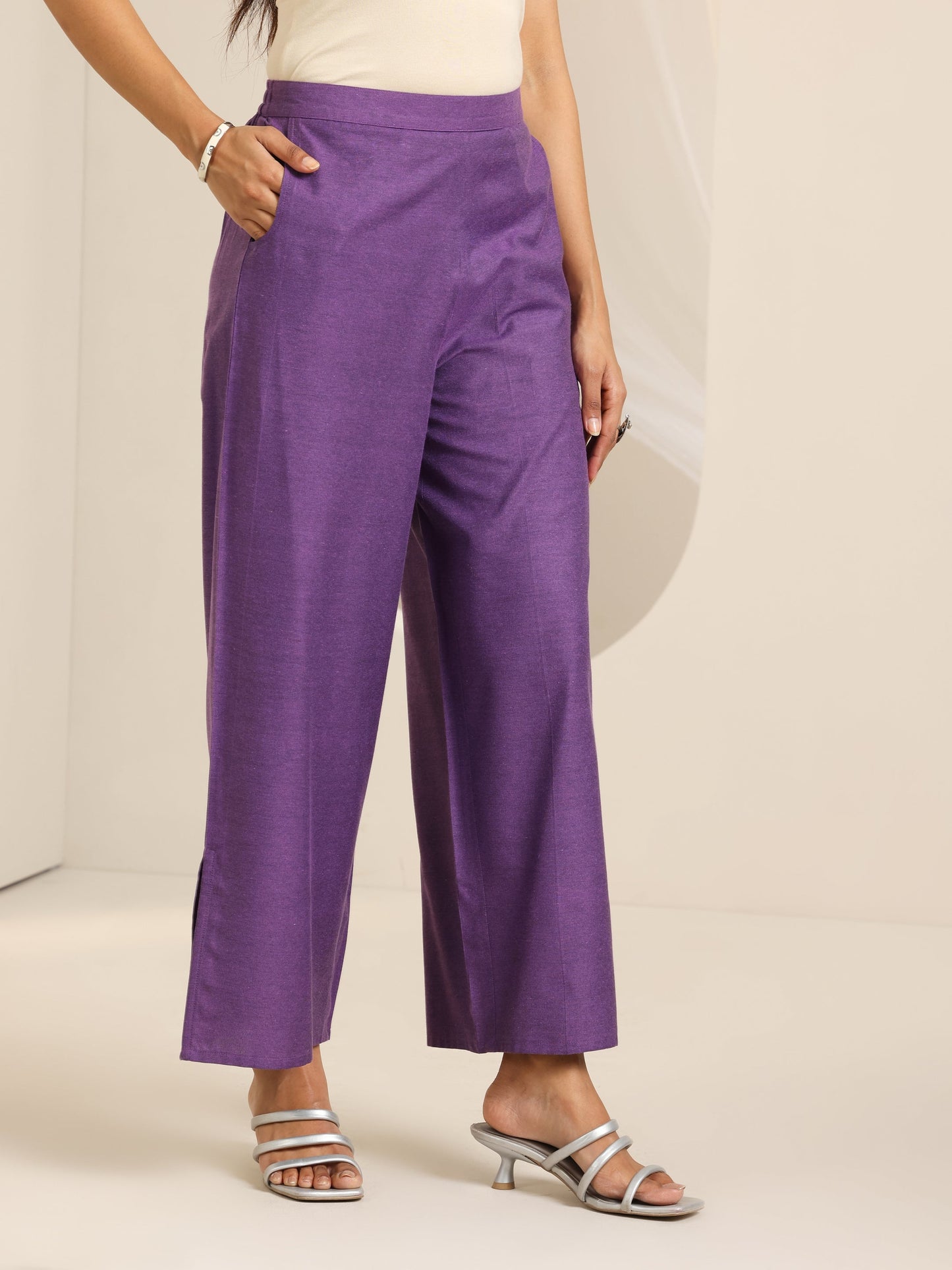 Purple Woven Design Cotton Blend Straight Suit Set With Dupatta