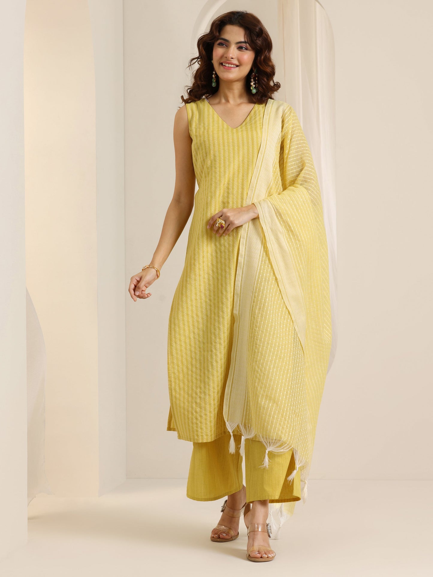 Yellow Woven Design Silk Blend Straight Suit Set With Dupatta