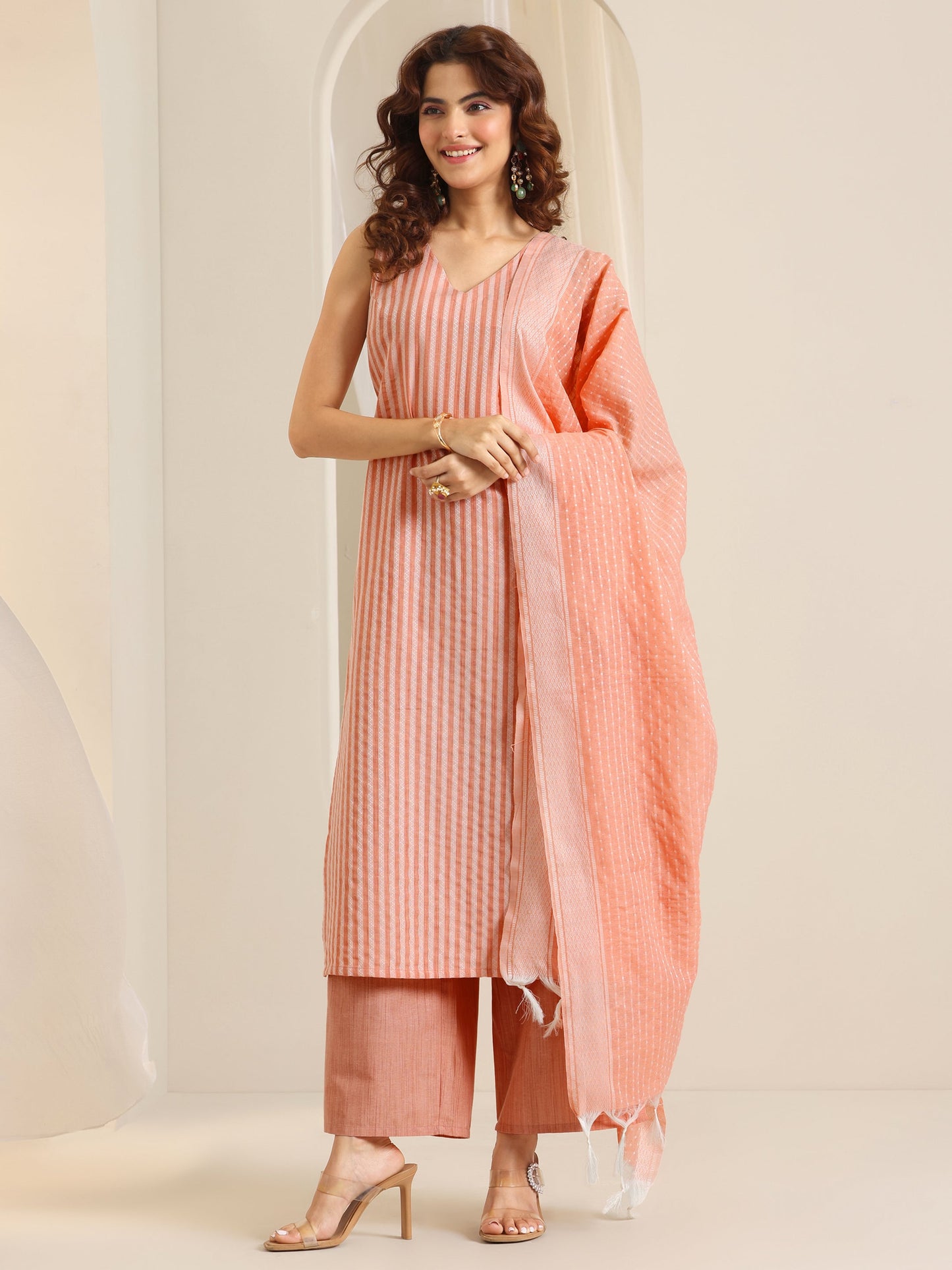 Peach Woven Design Cotton Blend Straight Suit Set With Dupatta