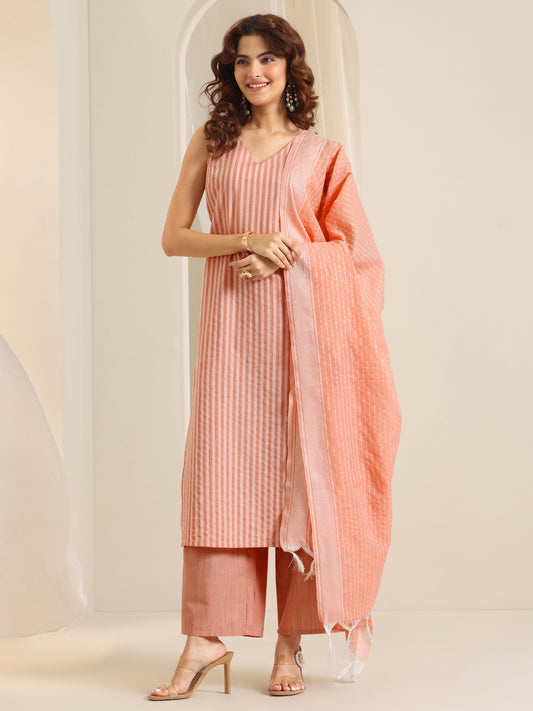 Peach Woven Design Cotton Blend Straight Suit Set With Dupatta