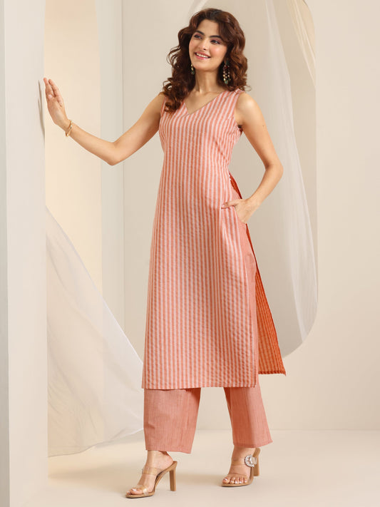 Peach Woven Design Cotton Blend Straight Suit Set With Dupatta