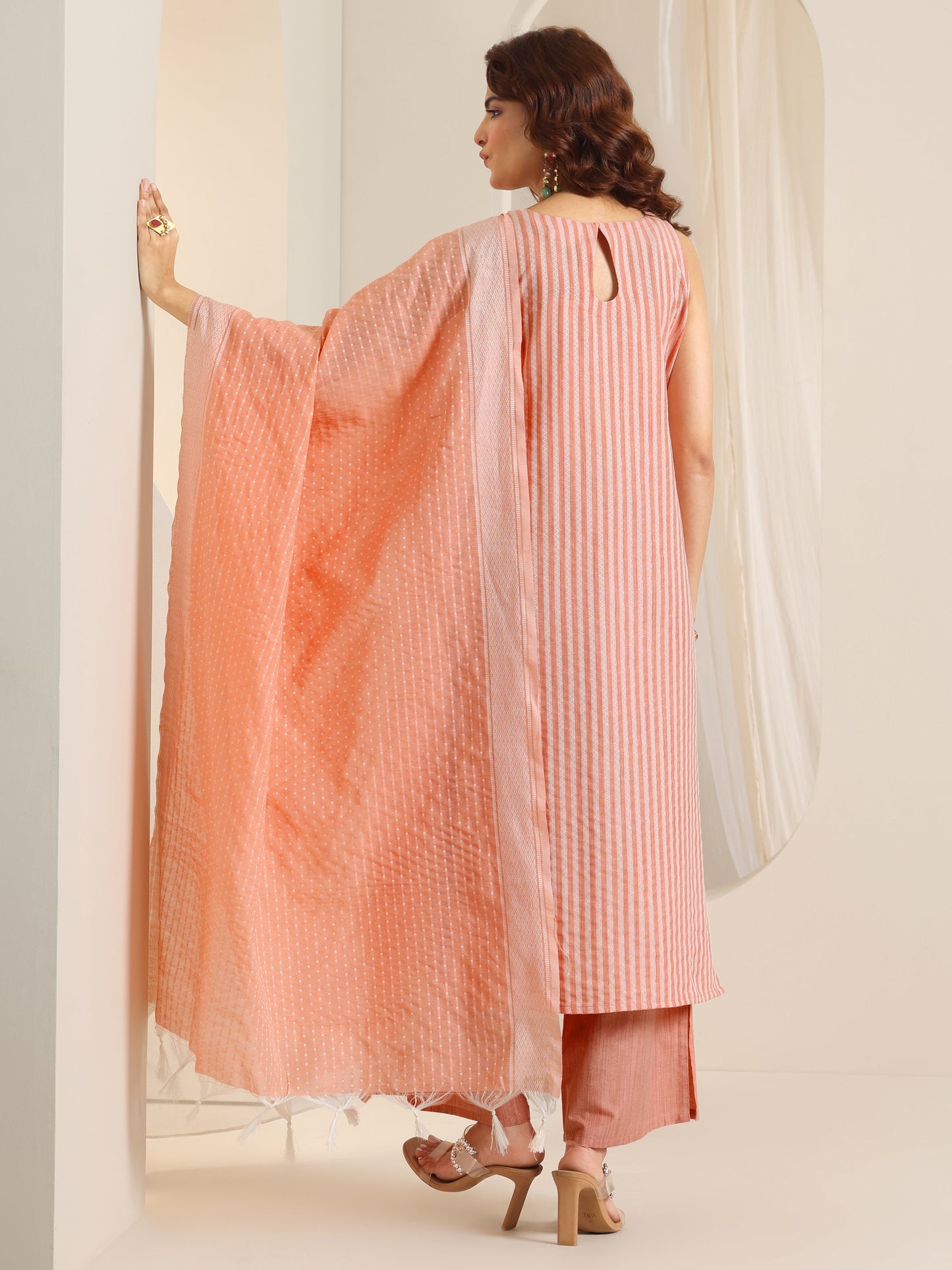 Peach Woven Design Cotton Blend Straight Suit Set With Dupatta