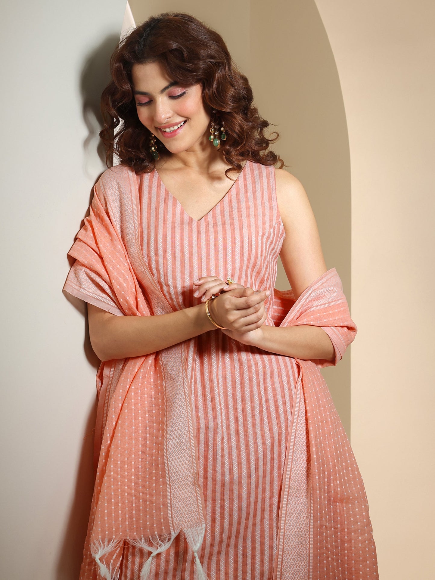 Peach Woven Design Cotton Blend Straight Suit Set With Dupatta