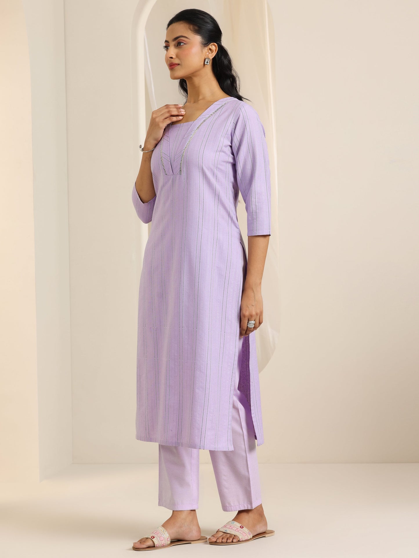 Lavender Woven Design Cotton Blend Straight Suit Set With Dupatta