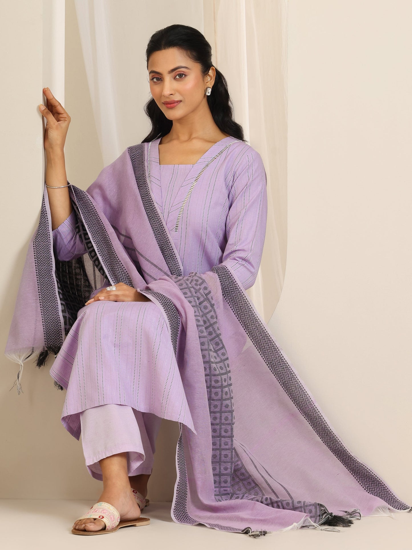 Lavender Woven Design Cotton Blend Straight Suit Set With Dupatta