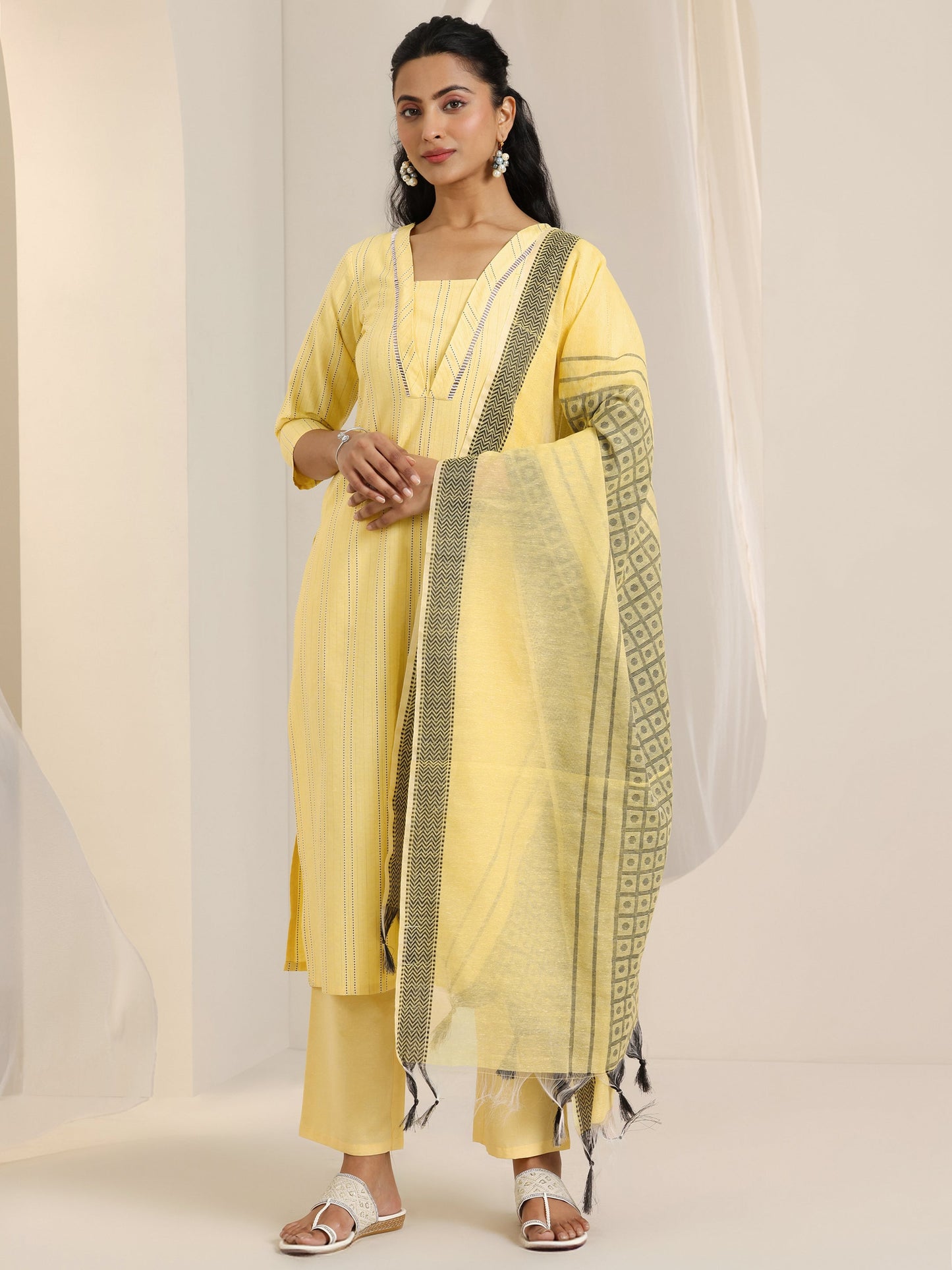 Yellow Woven Design Cotton Blend Straight Suit Set With Dupatta