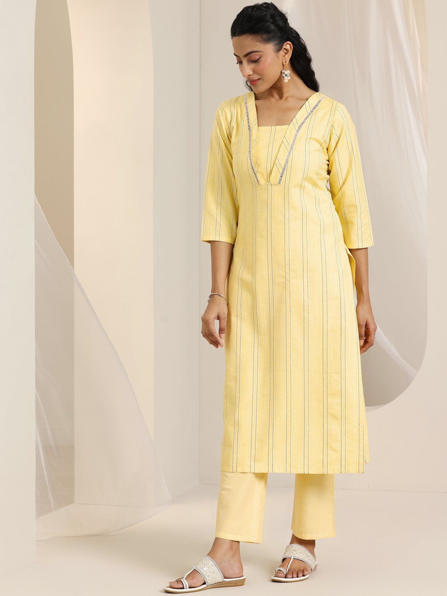 Yellow Woven Design Cotton Blend Straight Suit Set With Dupatta