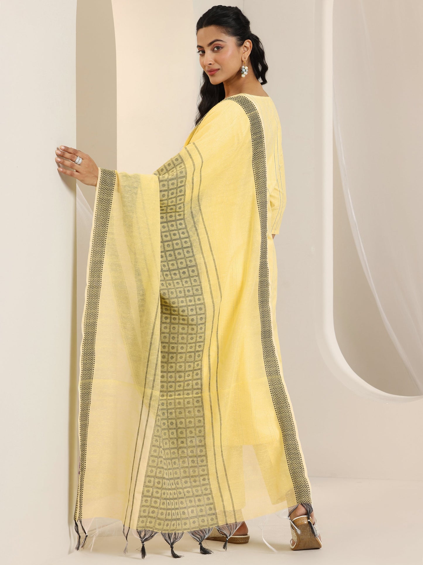 Yellow Woven Design Cotton Blend Straight Suit Set With Dupatta