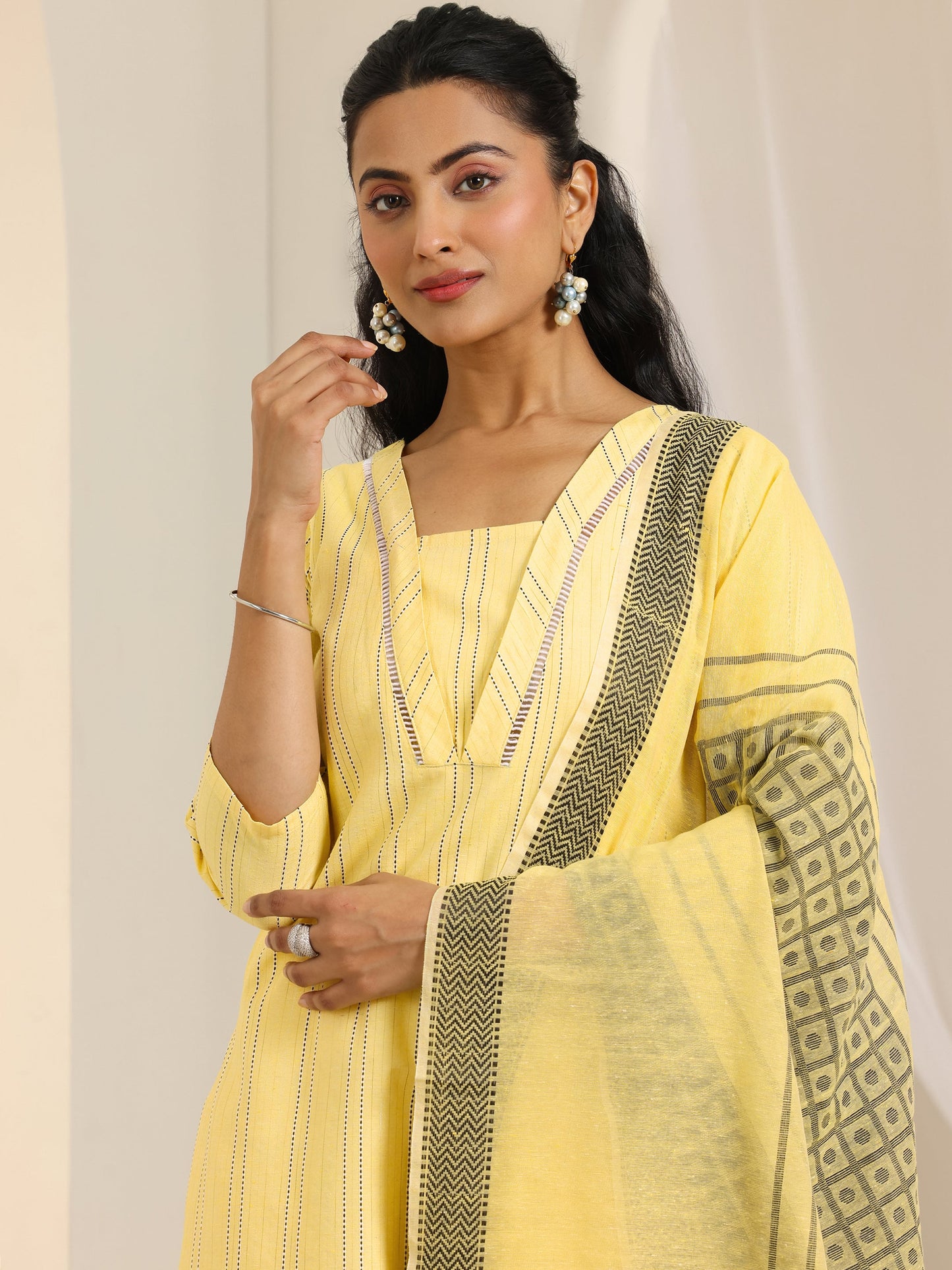 Yellow Woven Design Cotton Blend Straight Suit Set With Dupatta