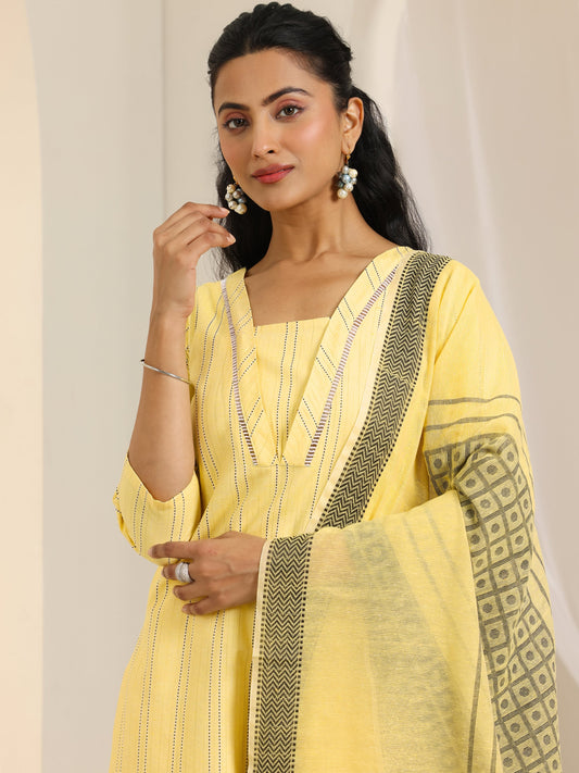 Yellow Woven Design Cotton Blend Straight Suit Set With Dupatta