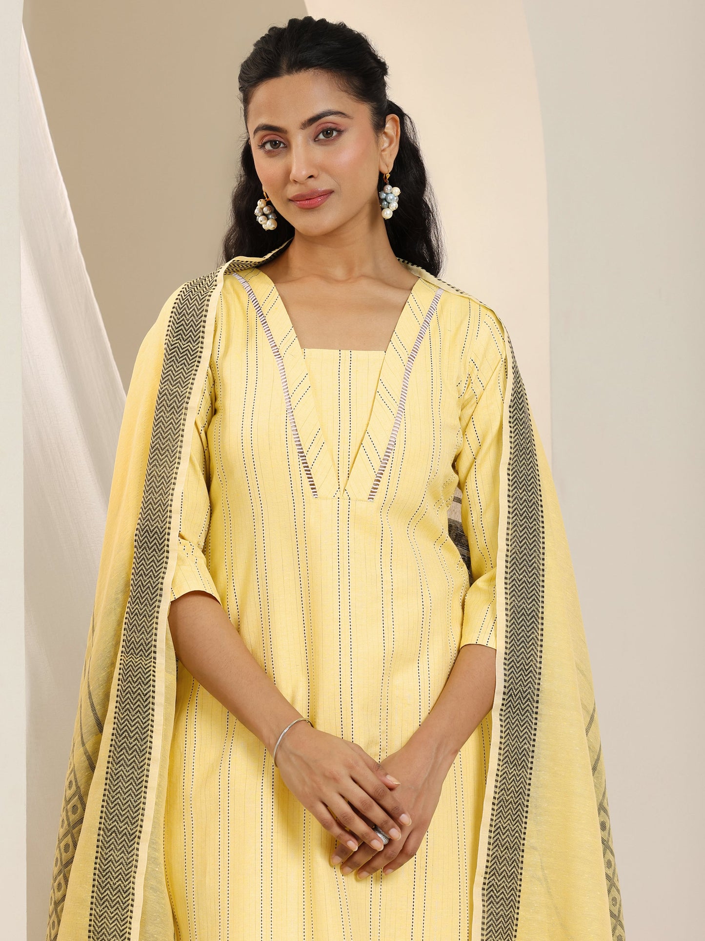 Yellow Woven Design Cotton Blend Straight Suit Set With Dupatta