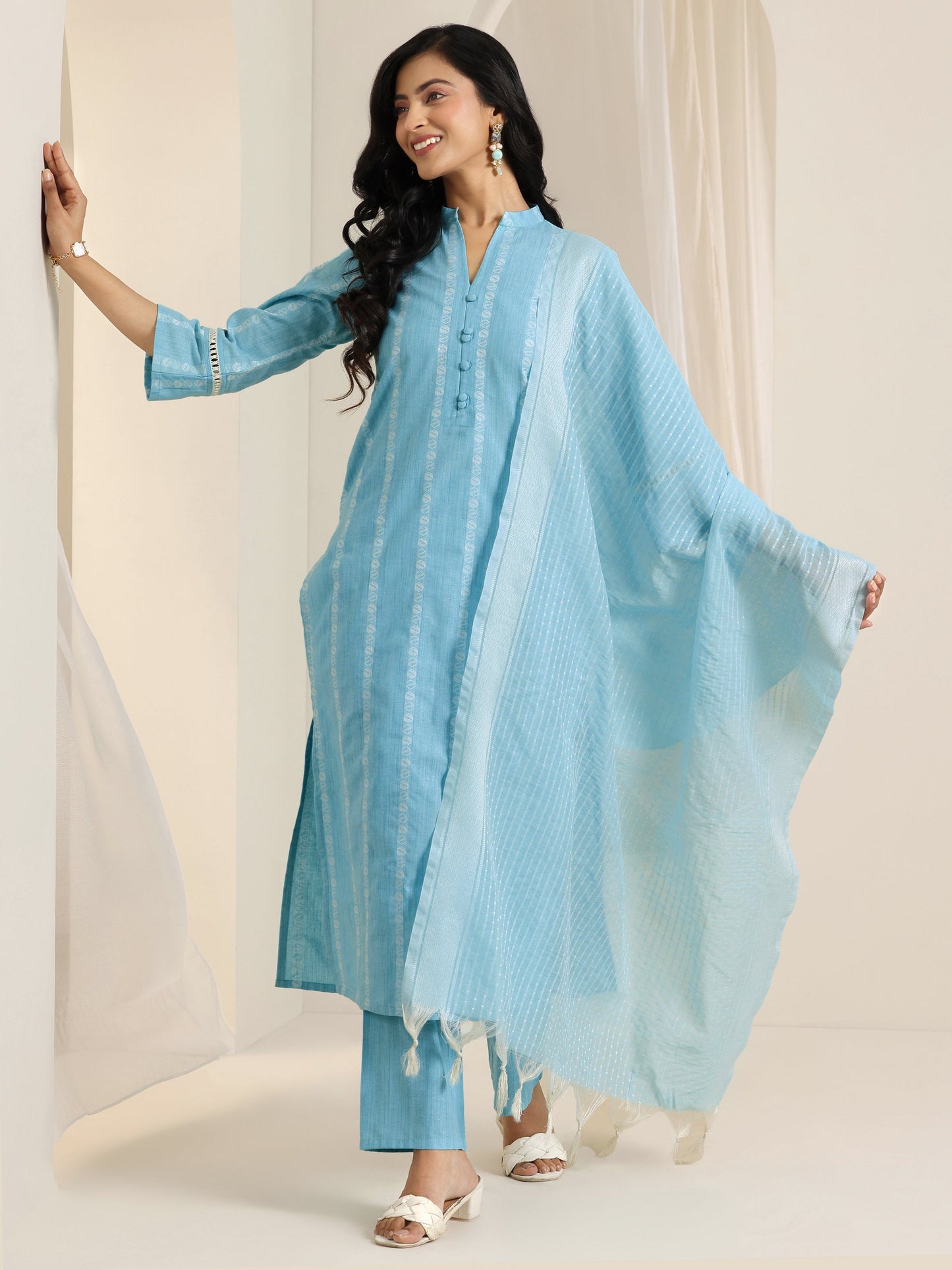Blue Woven Design Cotton Blend Straight Suit Set With Dupatta