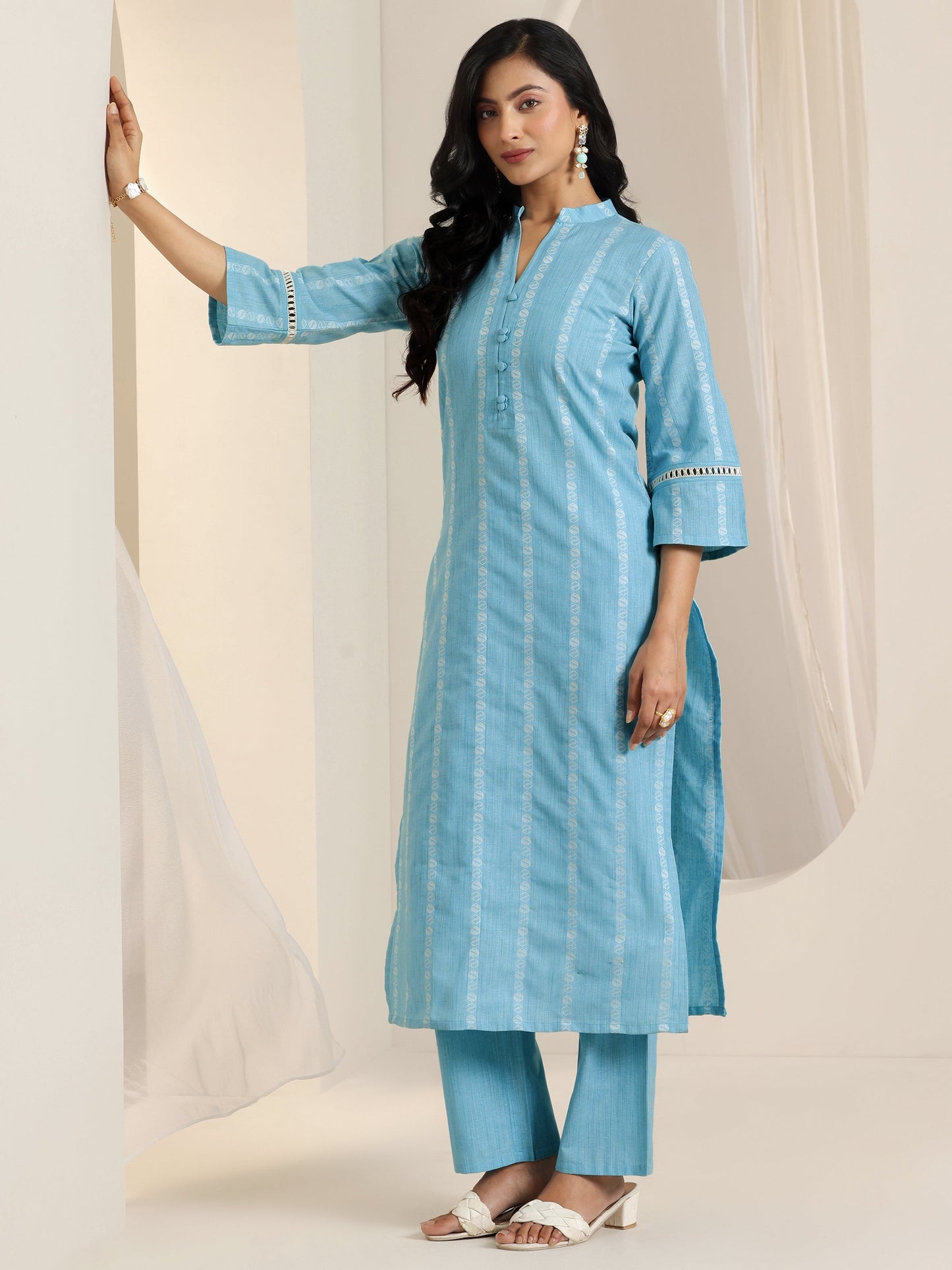 Blue Woven Design Cotton Blend Straight Suit Set With Dupatta