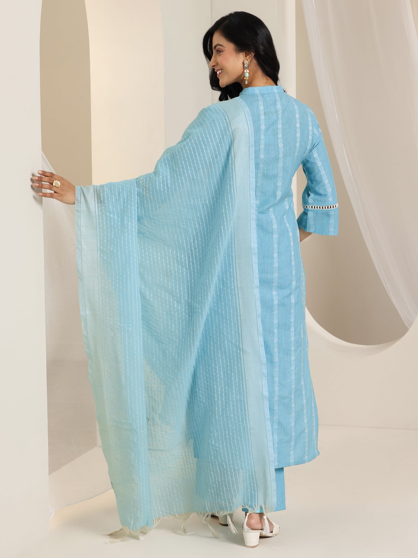 Blue Woven Design Cotton Blend Straight Suit Set With Dupatta