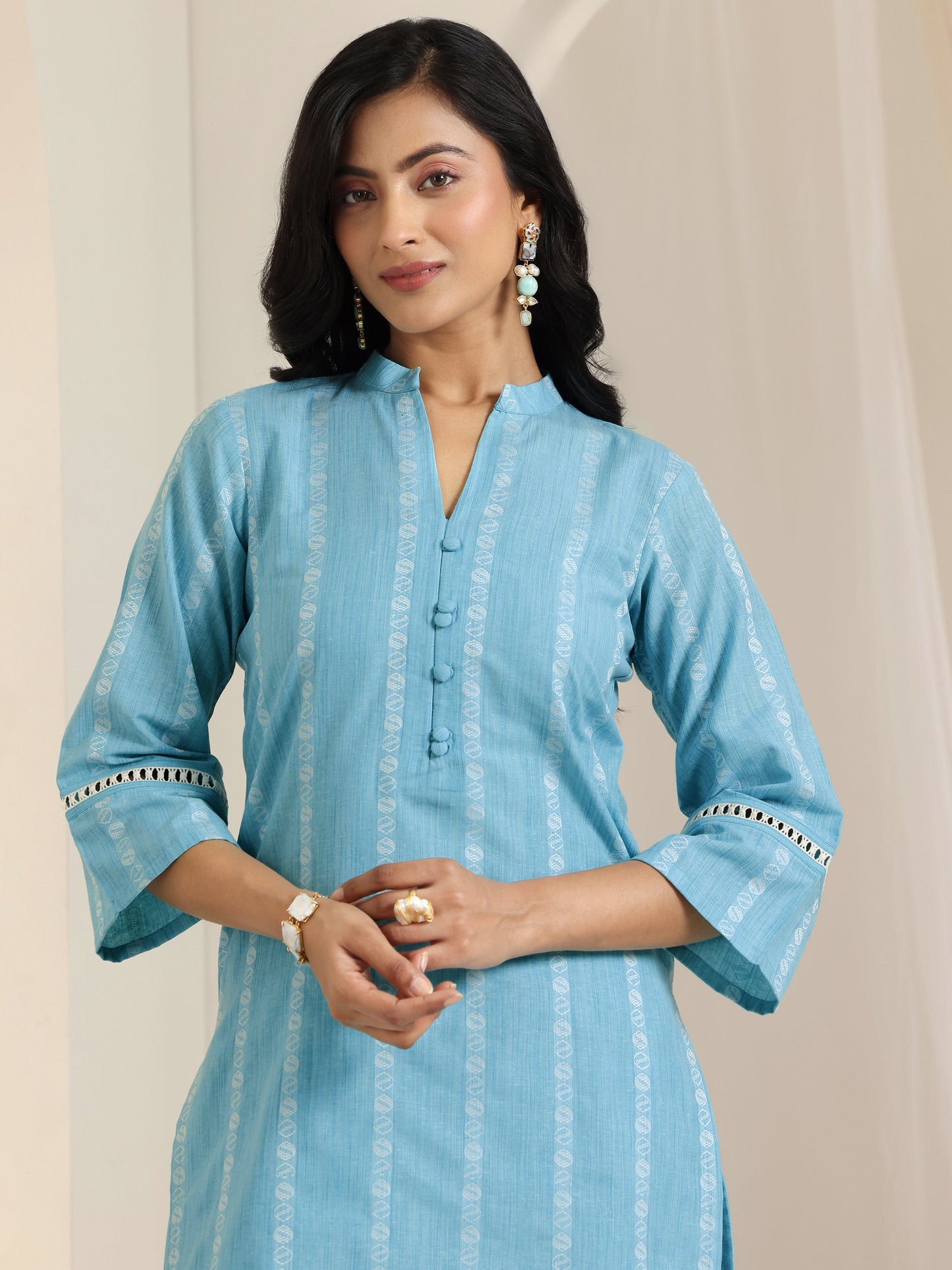 Blue Woven Design Cotton Blend Straight Suit Set With Dupatta
