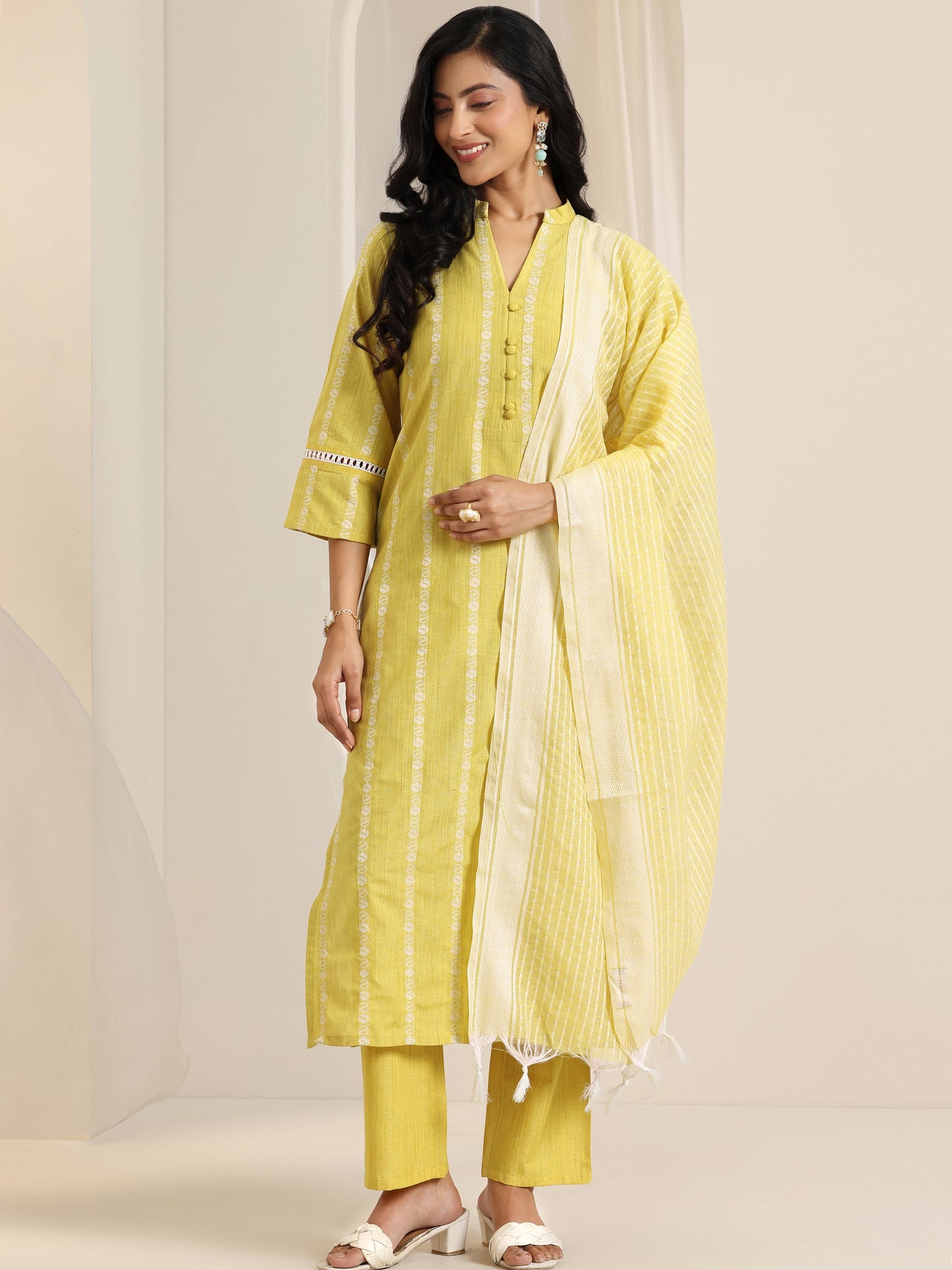 Yellow Woven Design Cotton Blend Straight Suit Set With Dupatta