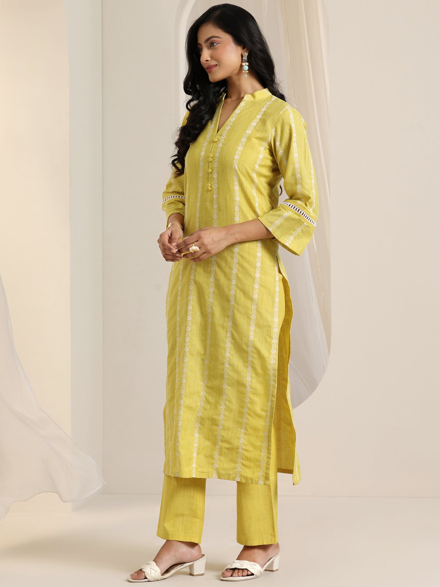 Yellow Woven Design Cotton Blend Straight Suit Set With Dupatta
