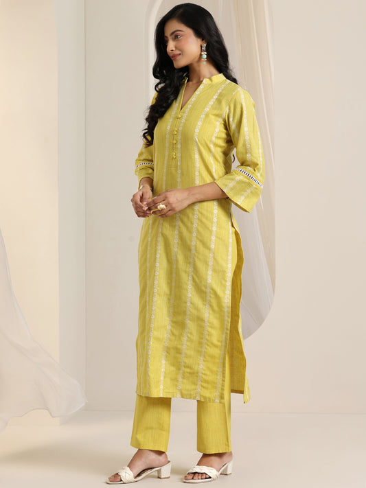 Yellow Woven Design Cotton Blend Straight Suit Set With Dupatta