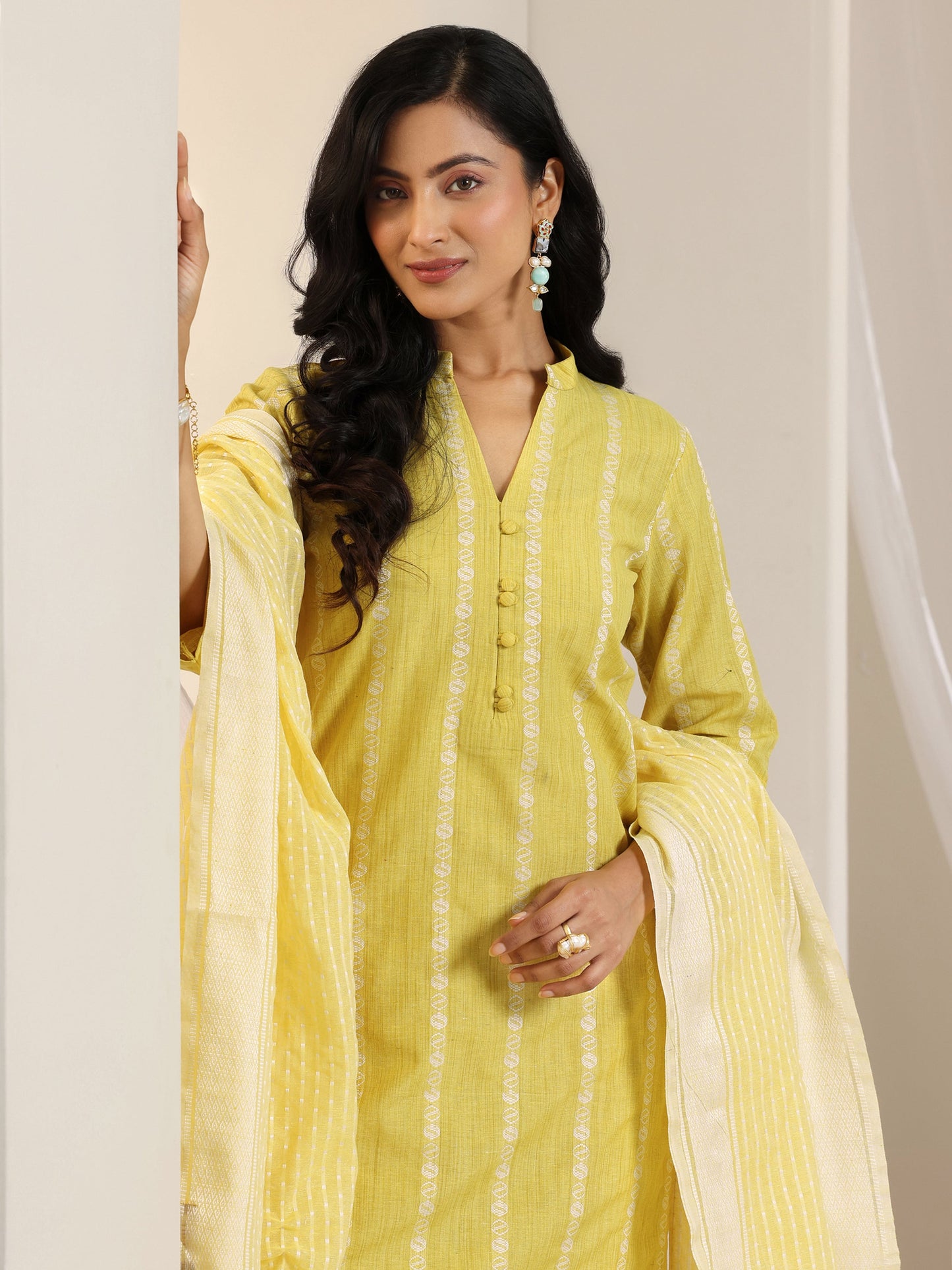 Yellow Woven Design Cotton Blend Straight Suit Set With Dupatta