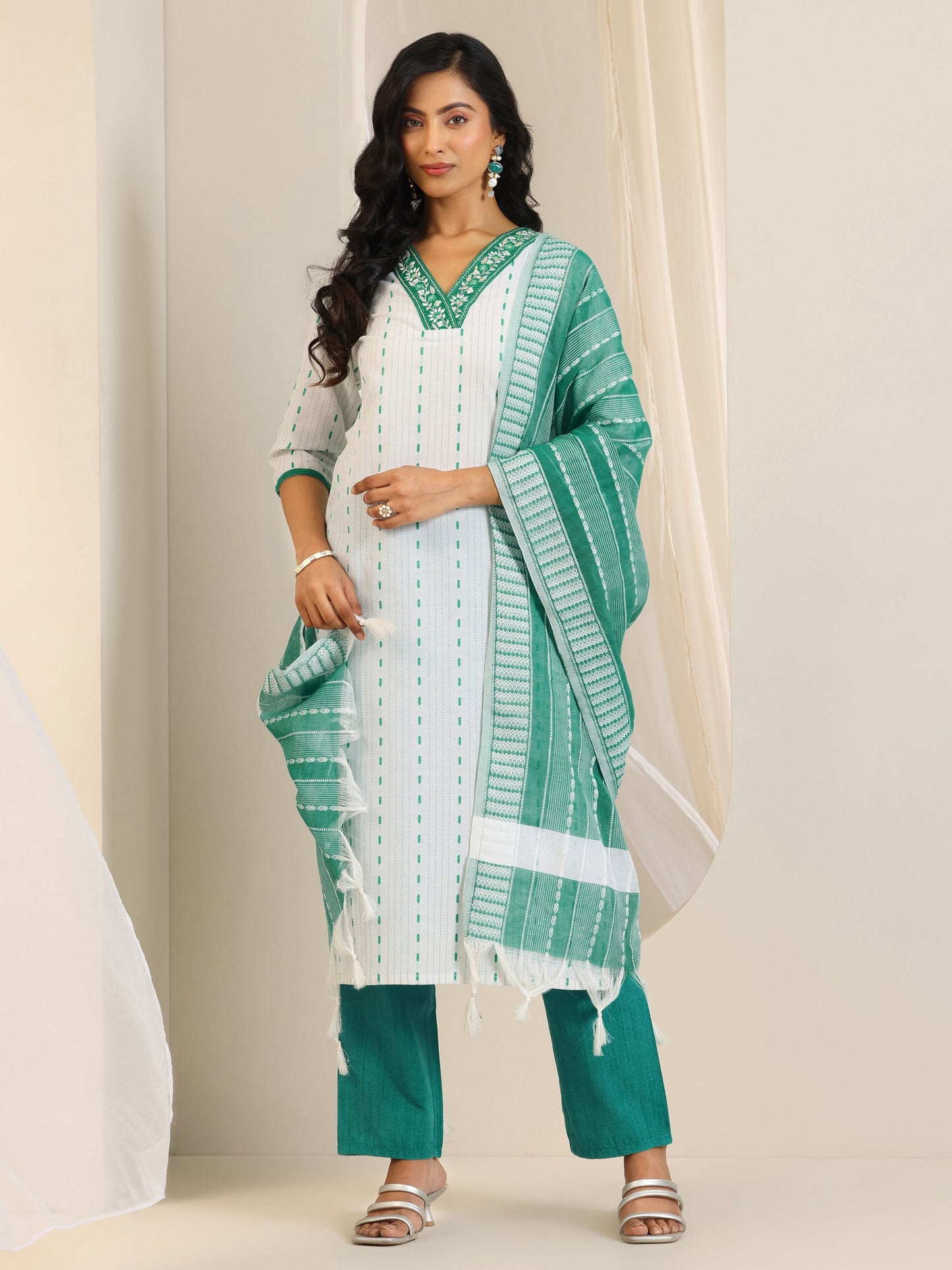 White Woven Design Cotton Blend Straight Suit Set With Dupatta
