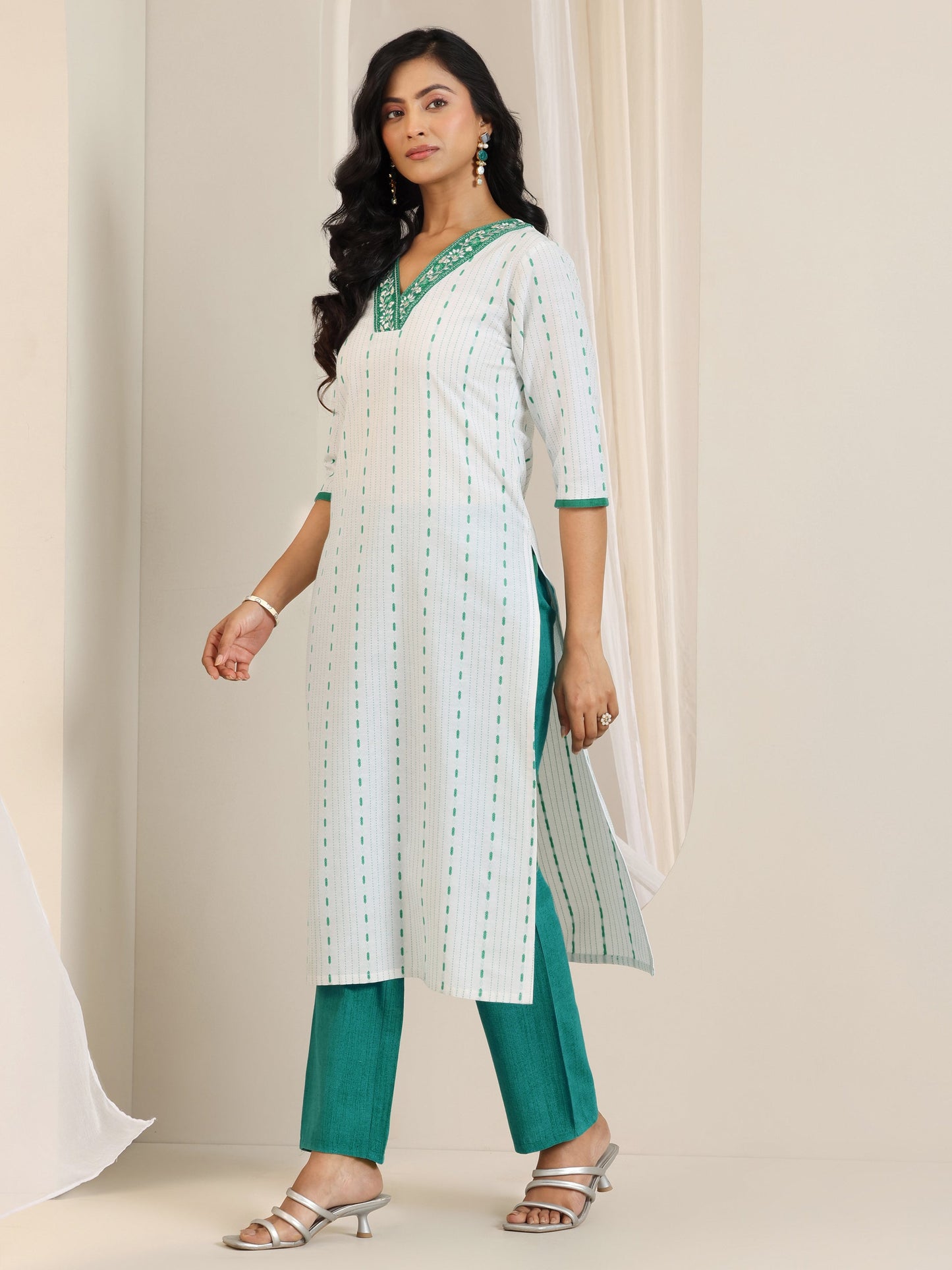 White Woven Design Cotton Blend Straight Suit Set With Dupatta