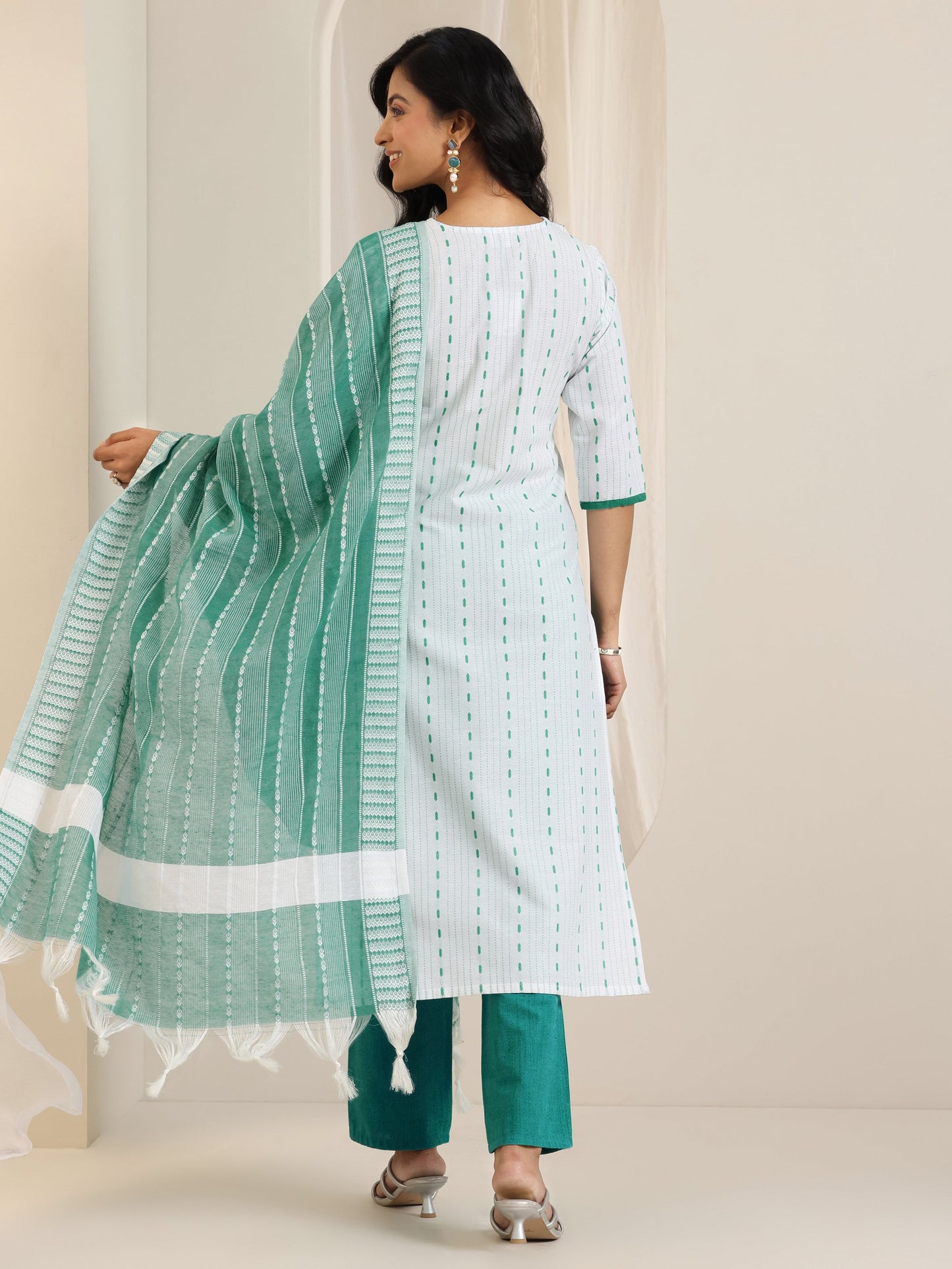 White Woven Design Cotton Blend Straight Suit Set With Dupatta