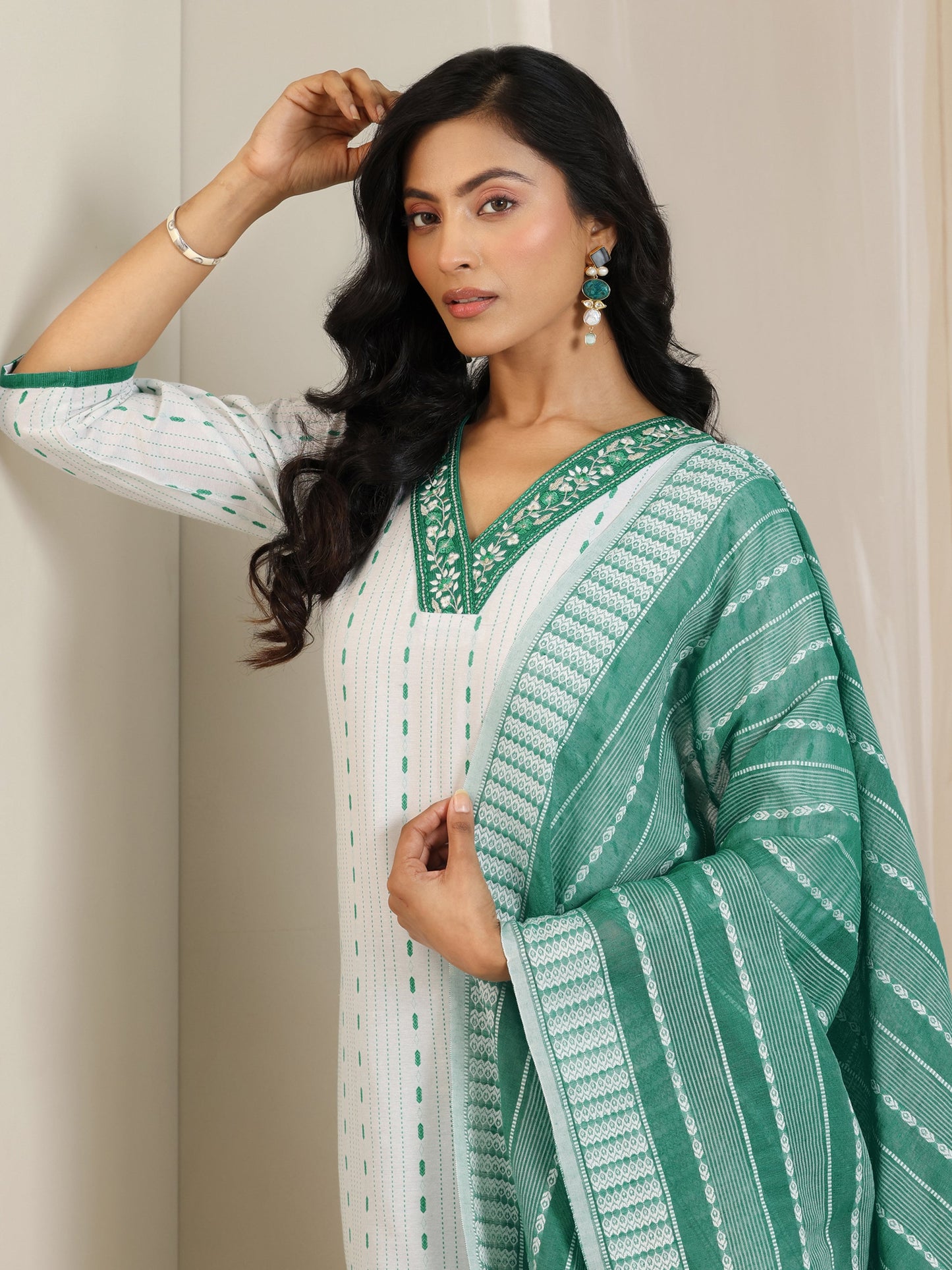 White Woven Design Cotton Blend Straight Suit Set With Dupatta