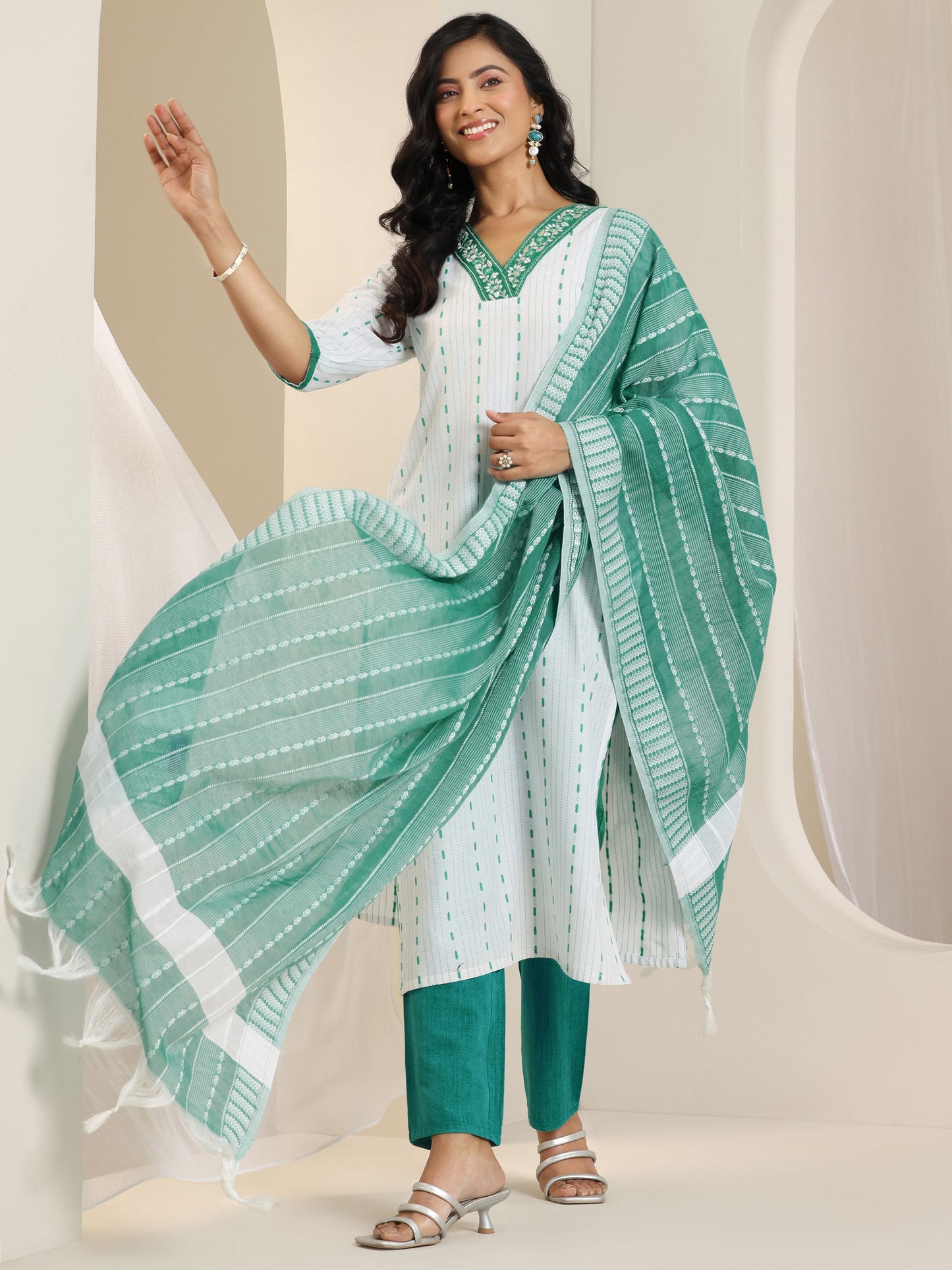 White Woven Design Cotton Blend Straight Suit Set With Dupatta