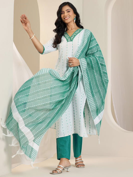 White Woven Design Cotton Blend Straight Suit Set With Dupatta