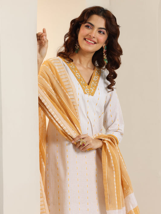 White Woven Design Cotton Blend Straight Suit Set With Dupatta