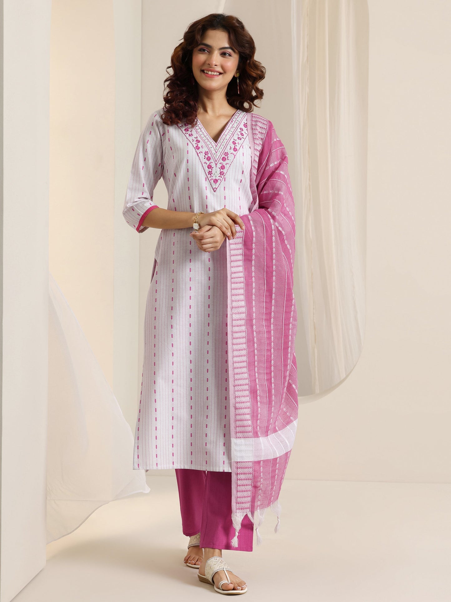 White Woven Design Cotton Blend Straight Suit Set With Dupatta