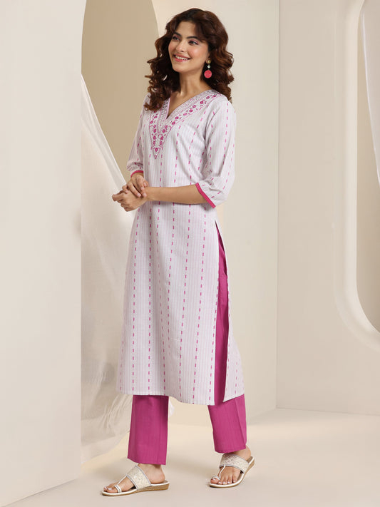 White Woven Design Cotton Blend Straight Suit Set With Dupatta