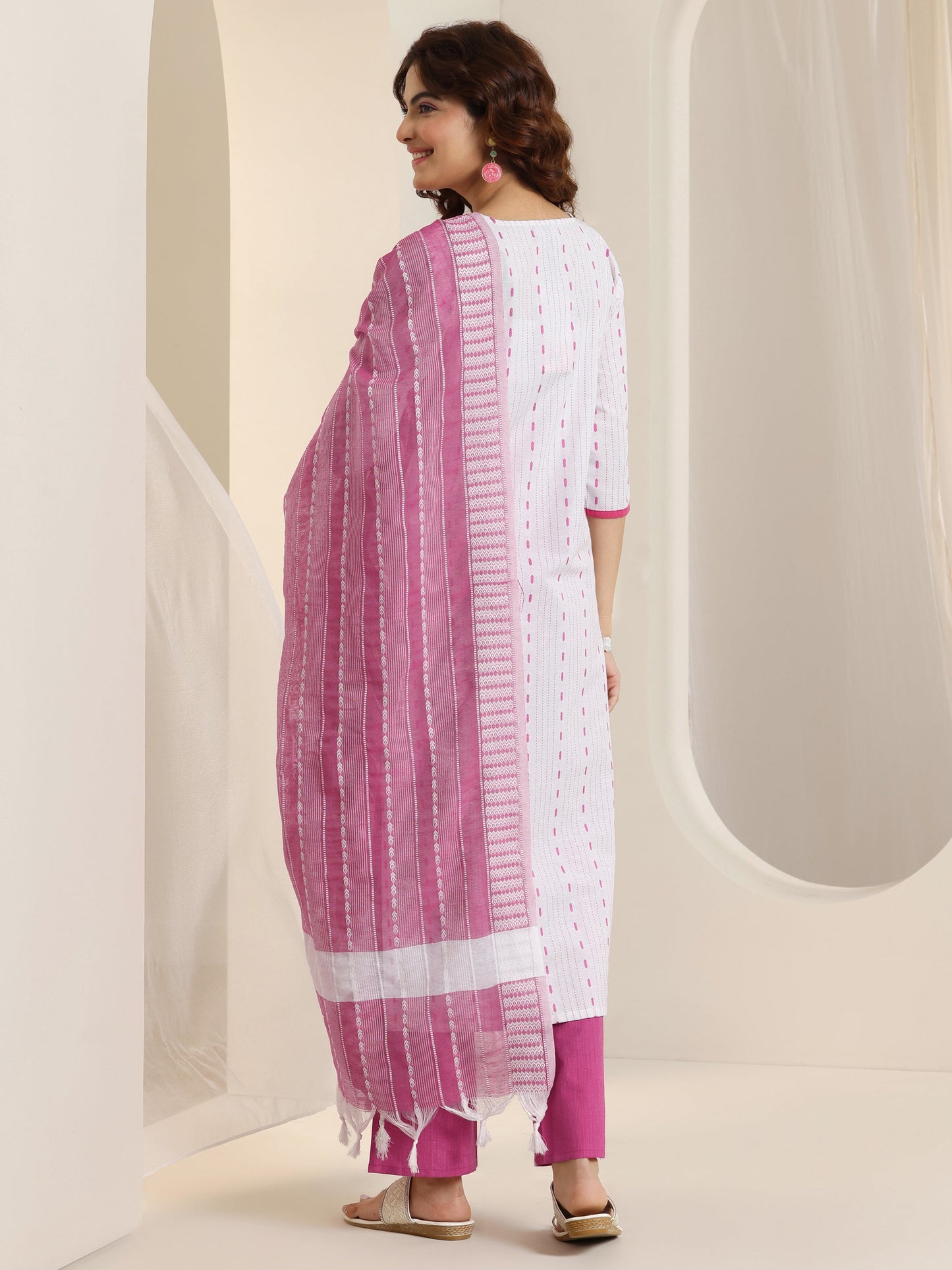 White Woven Design Cotton Blend Straight Suit Set With Dupatta