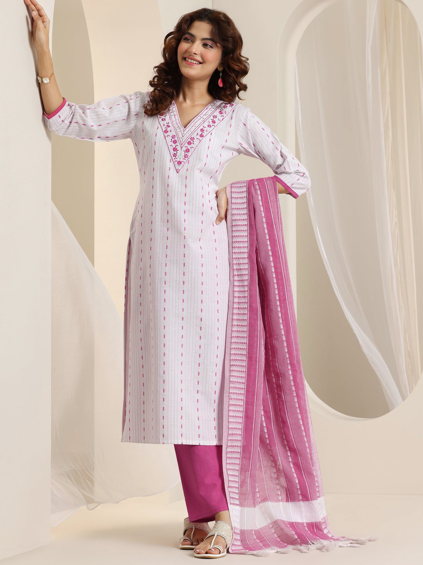 White Woven Design Cotton Blend Straight Suit Set With Dupatta